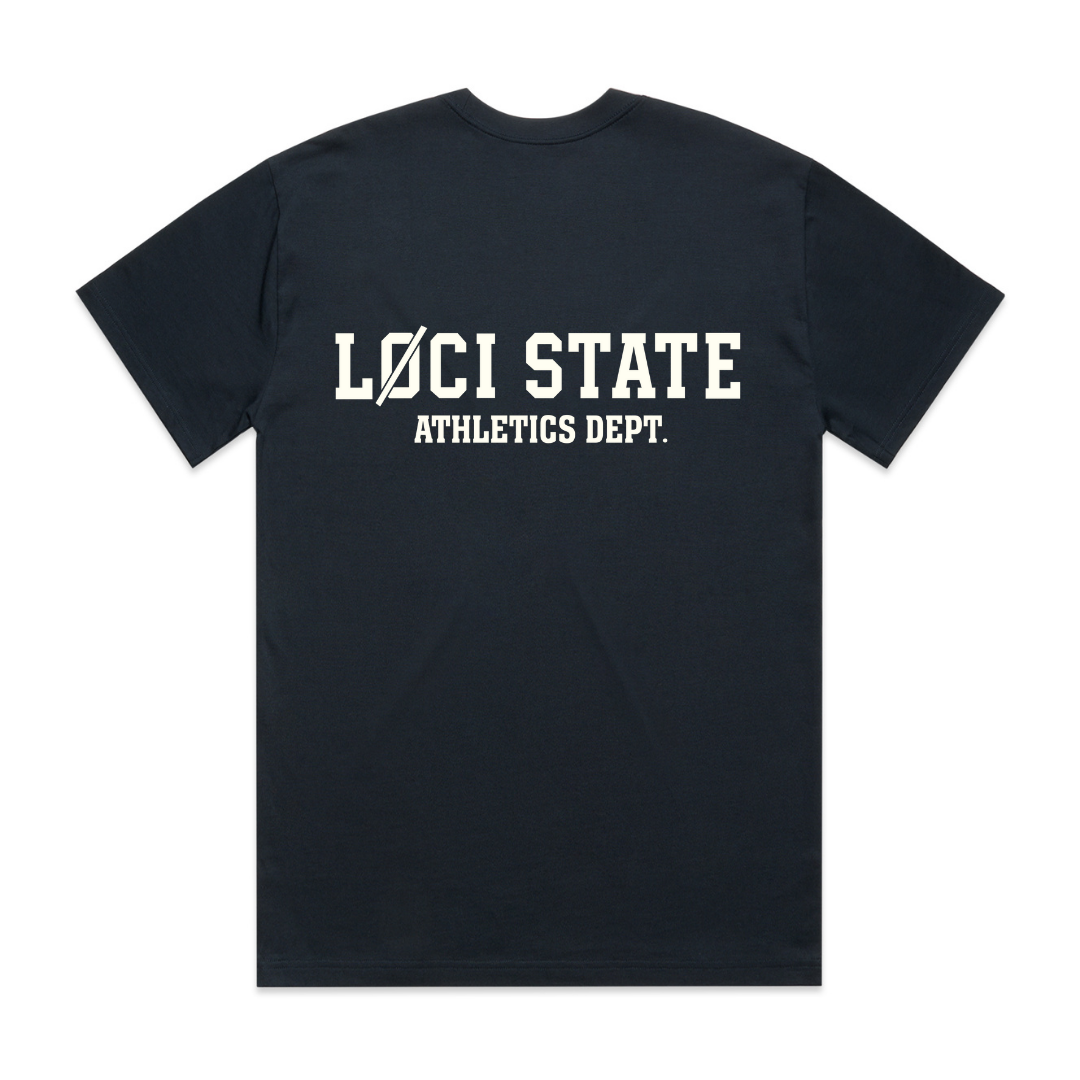 Black t-shirt with 'LOCI STATE ATHLETICS DEPT.' text on a white background