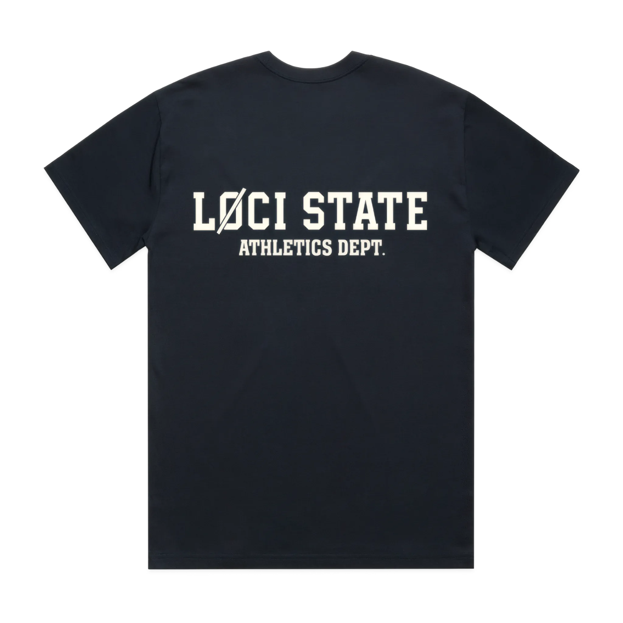 Black t-shirt with 'LOCI STATE ATHLETICS DEPT.' text on a white background