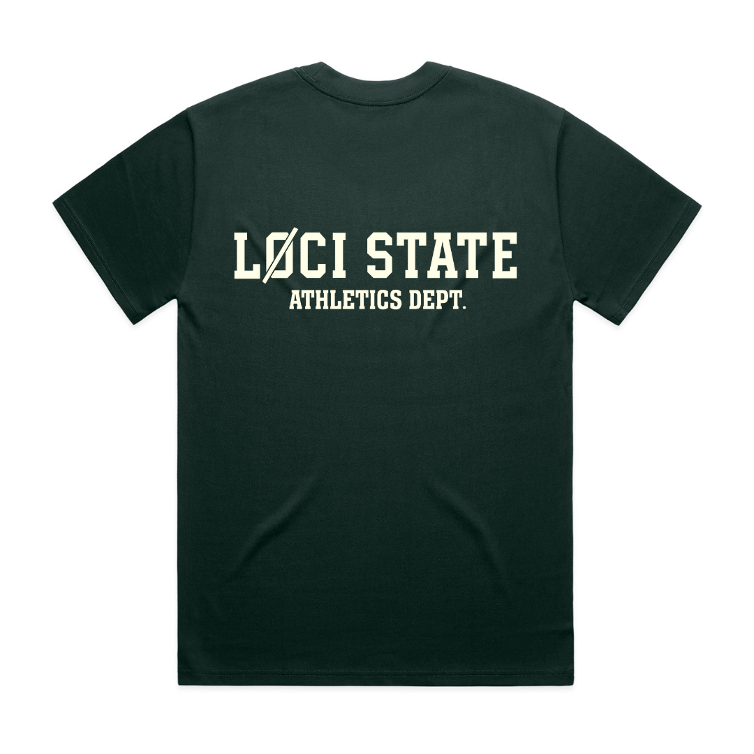 Black t-shirt with 'LOCI STATE ATHLETICS DEPT.' text on a white background