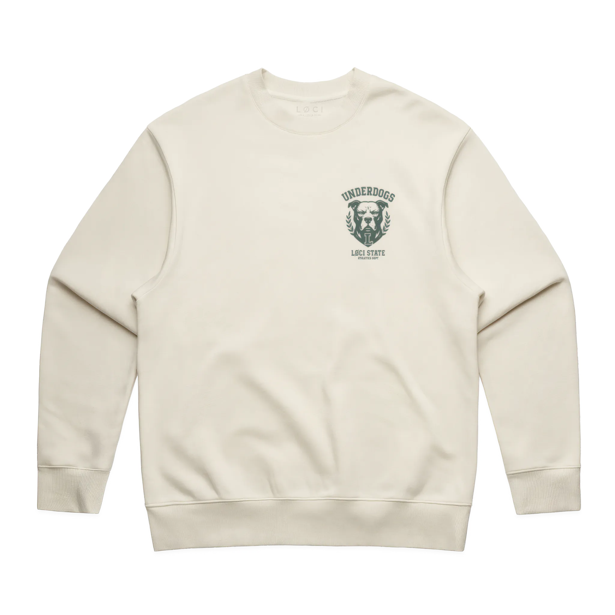 Beige sweatshirt with a logo on the chest against a white background