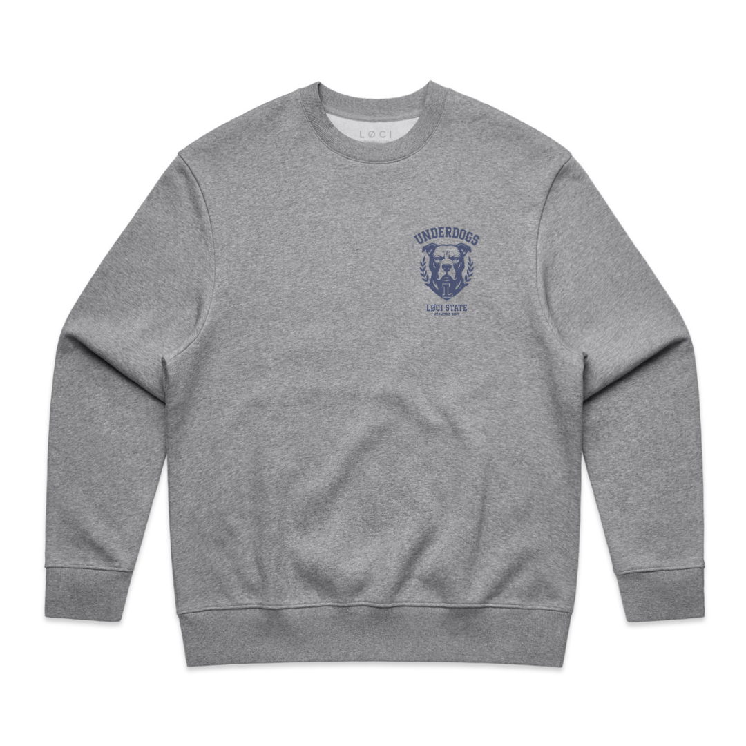 Gray sweatshirt with a logo on the chest against a white background