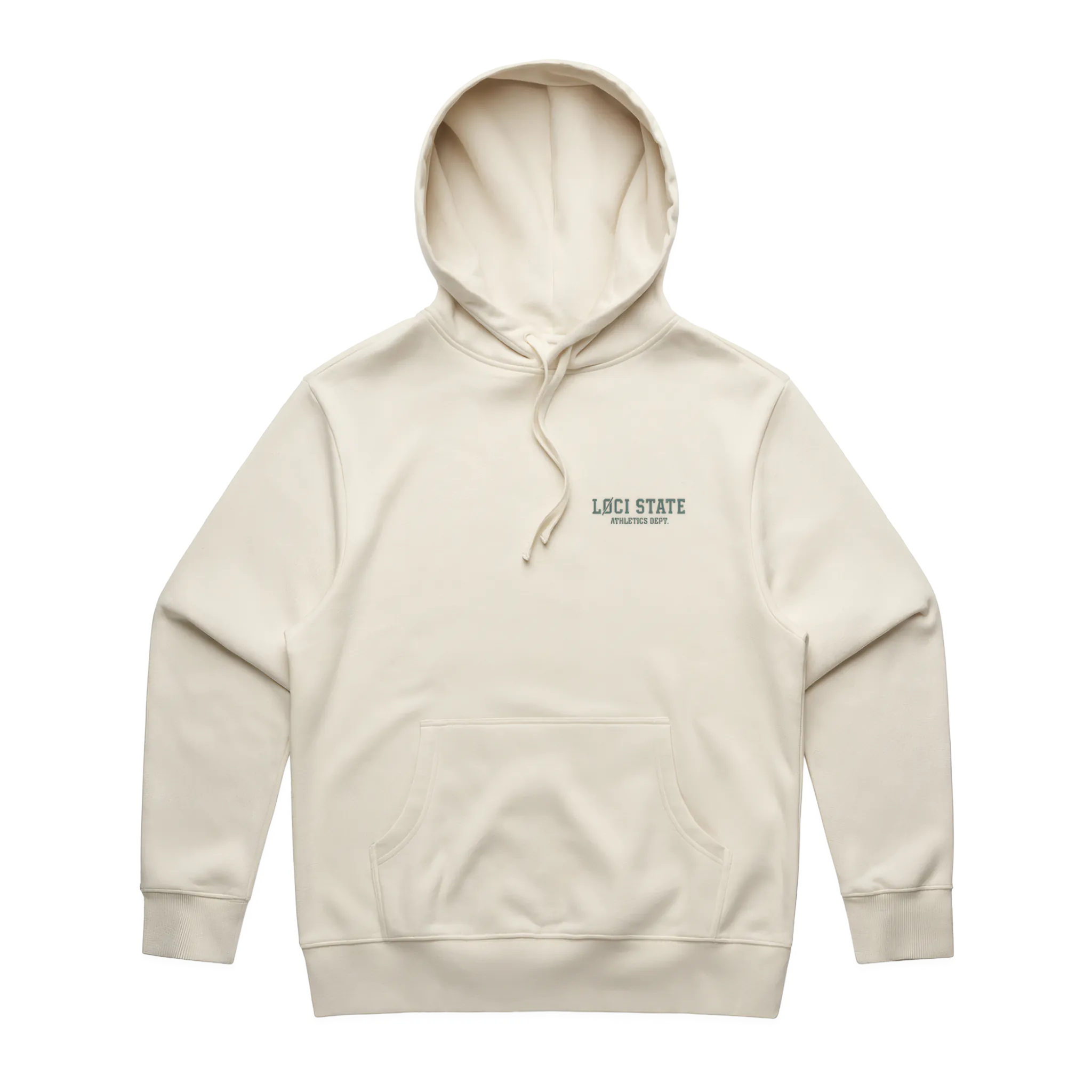 Beige hoodie with 'Loci State' logo on a white background