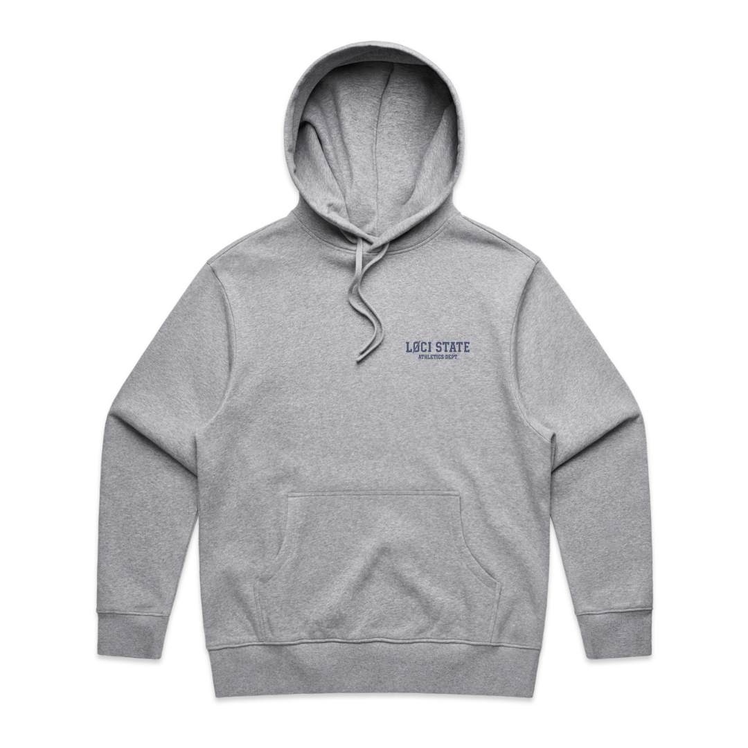 Gray hoodie with a small logo on the chest against a white background