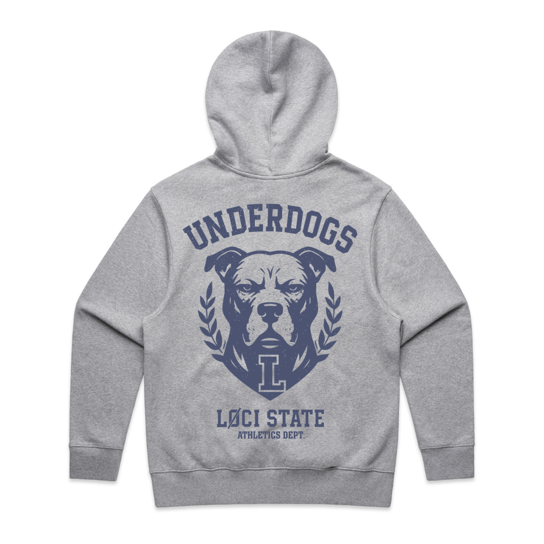 Gray hoodie with a dog graphic and text on the back against a white background