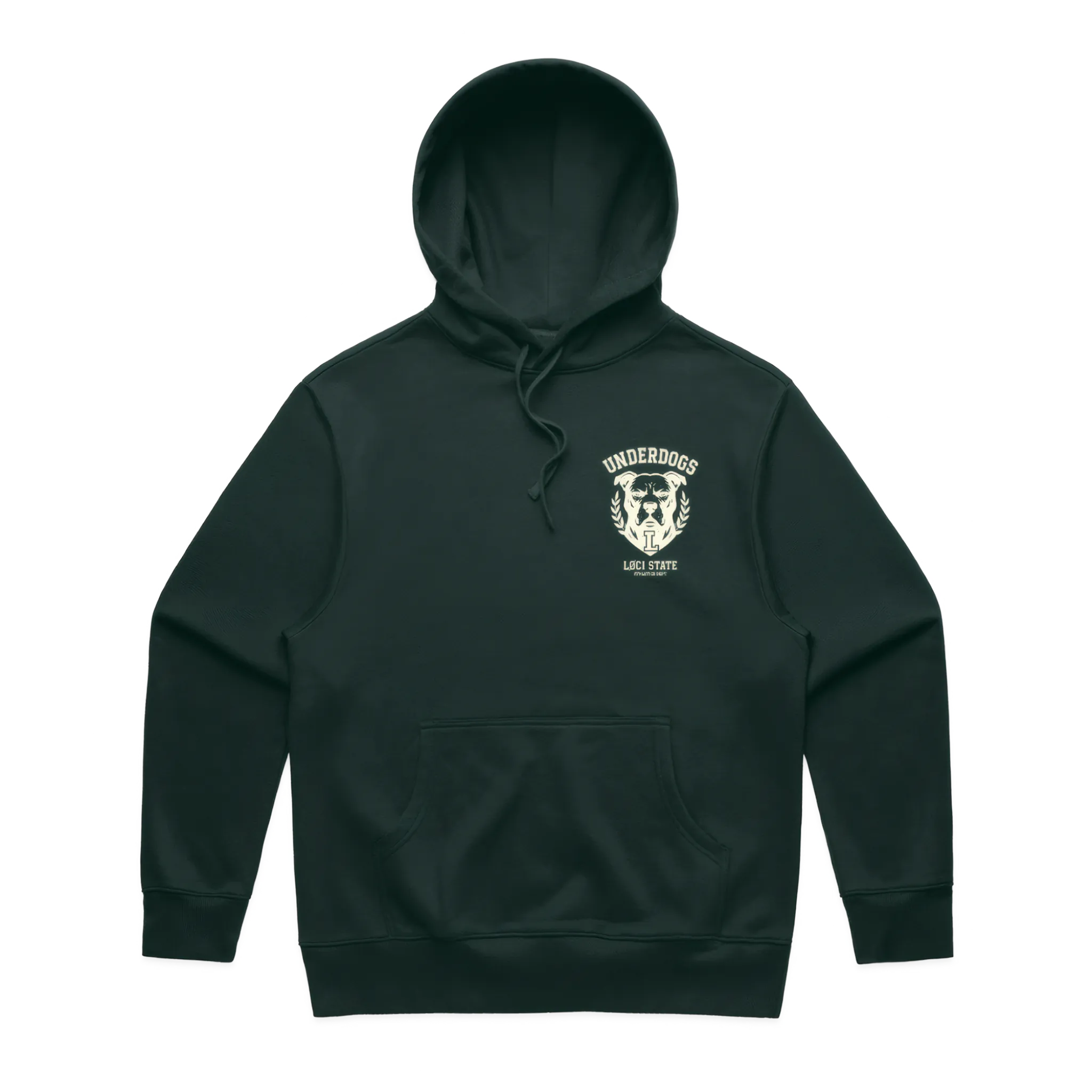 Dark green hoodie with a white logo on the chest against a white background