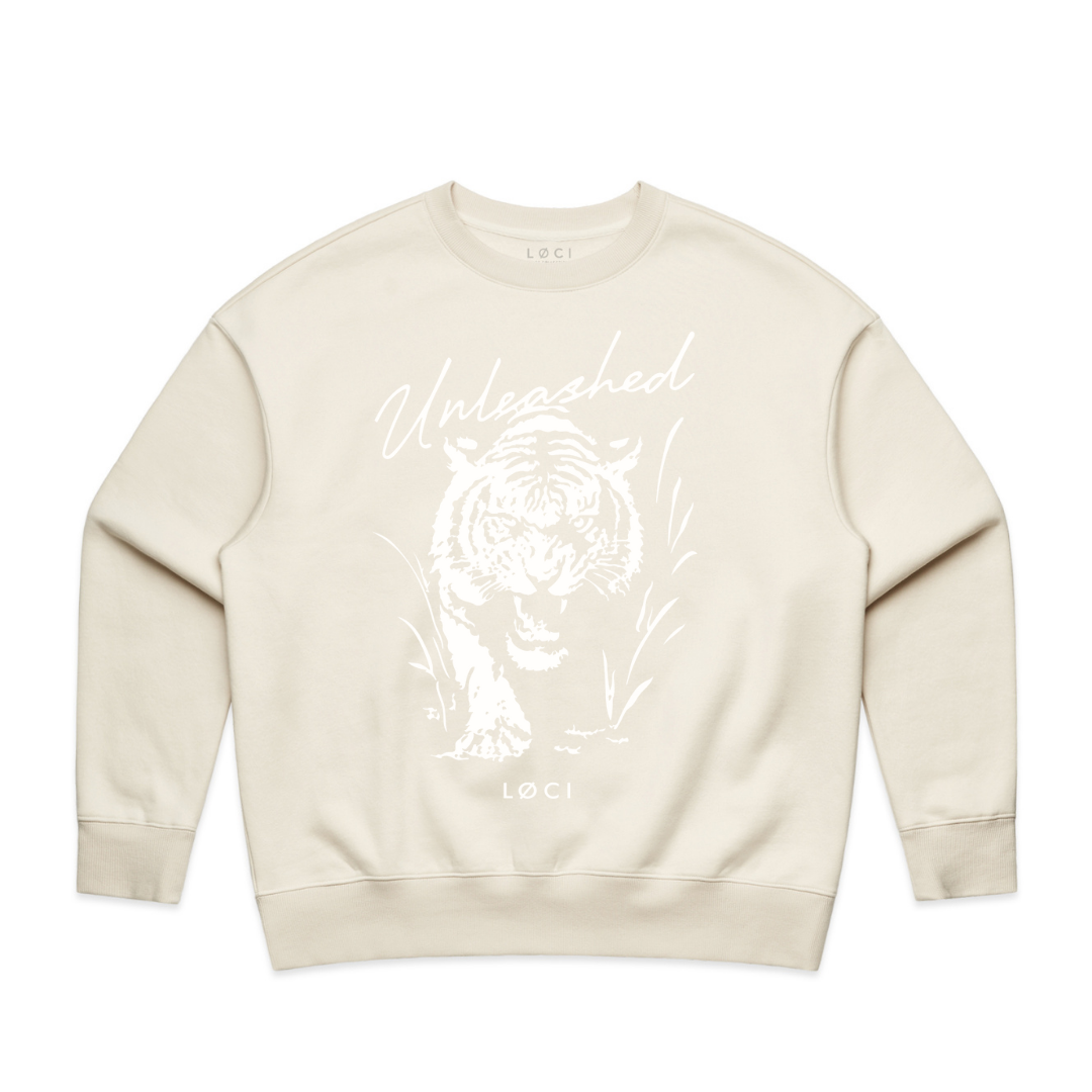 Beige sweatshirt with a graphic design and text on a white background