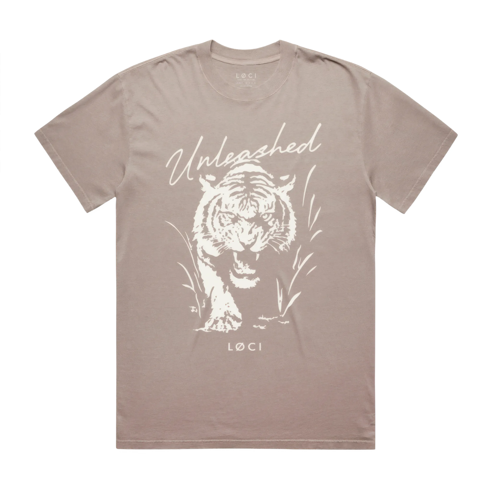 Brown t-shirt with white tiger graphic and 'Unleashed' text on a white background