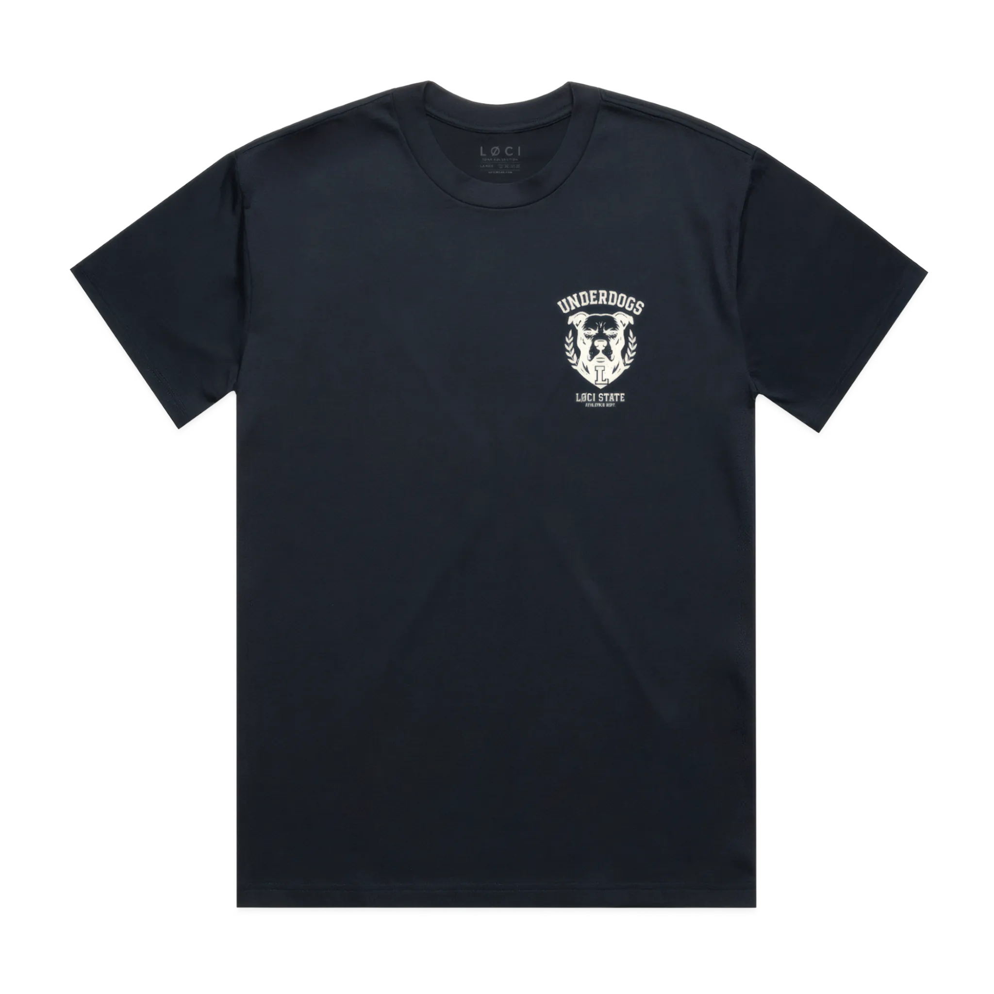 Black t-shirt with a white logo on a white background