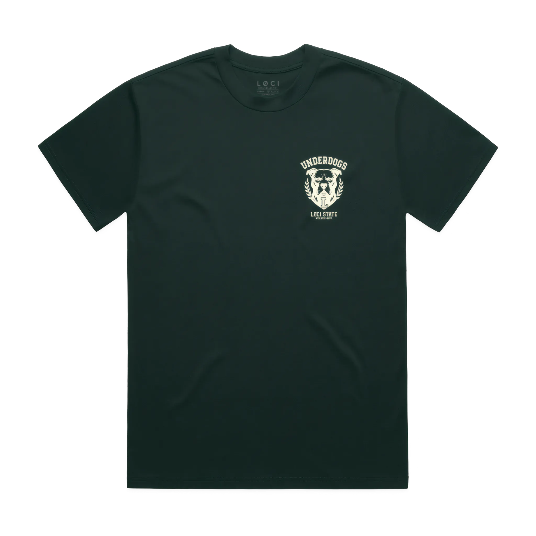 Black t-shirt with a white logo on a white background