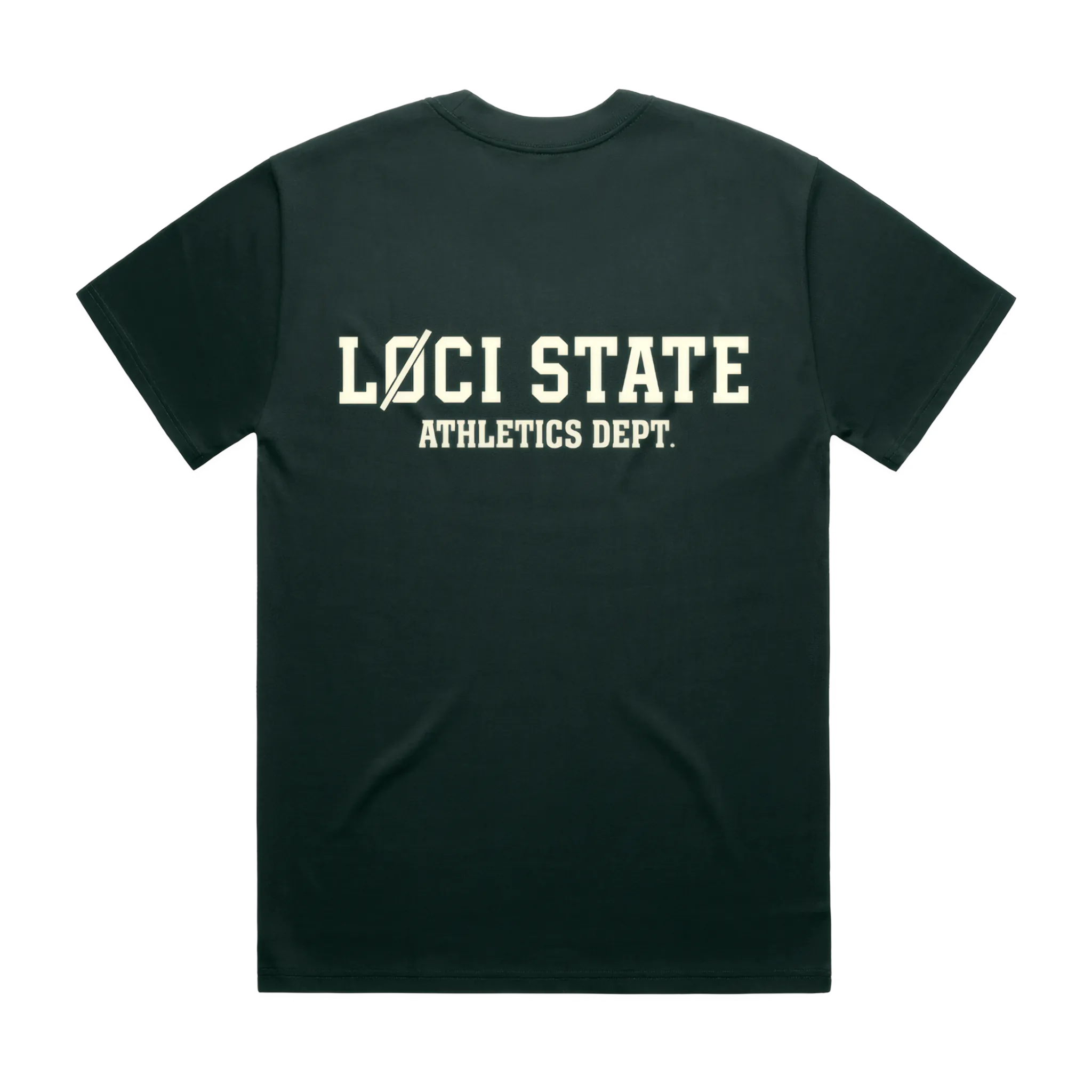 Black t-shirt with 'LOCI STATE ATHLETICS DEPT.' text on a white background