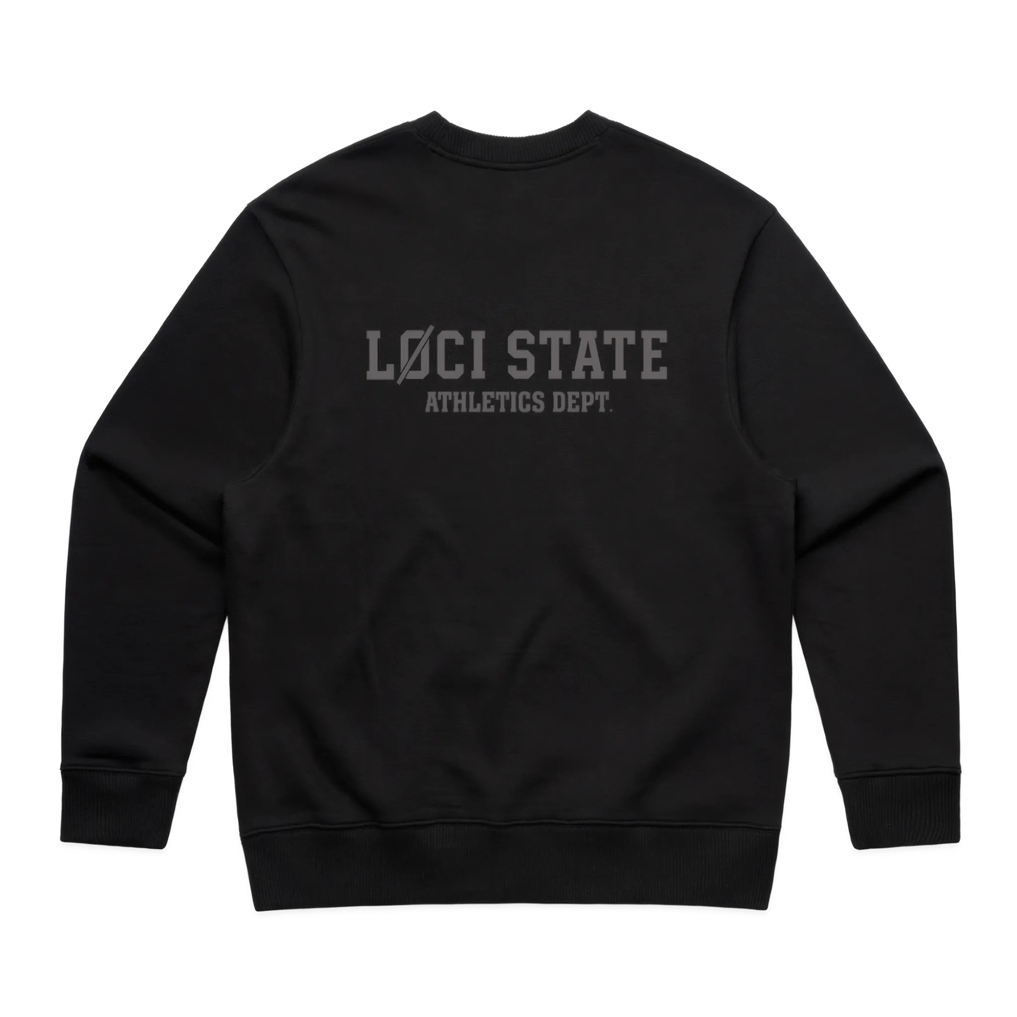 Black sweatshirt with 'LOCI STATE ATHLETICS DEPT.' text on a white background