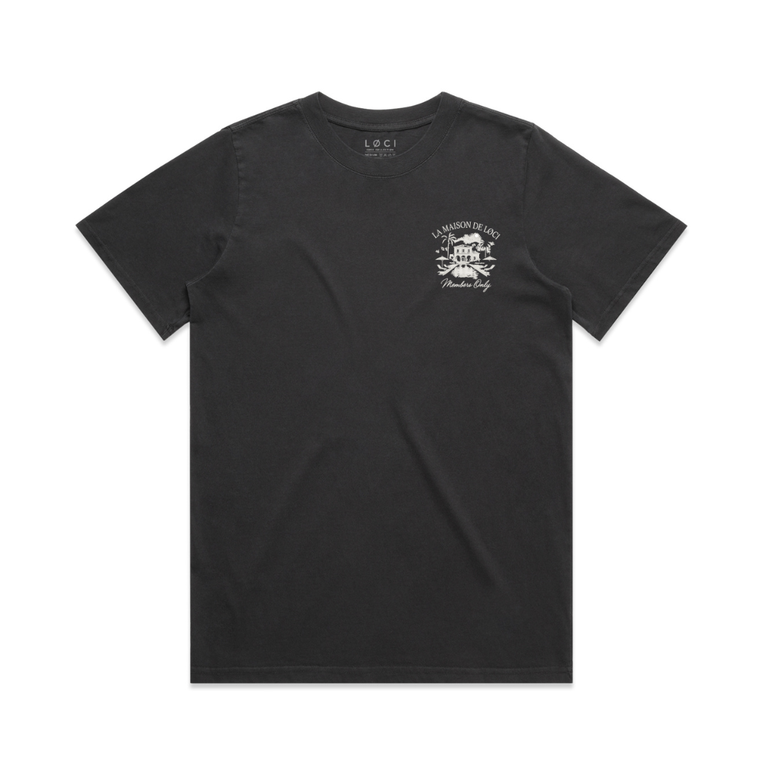 Black t-shirt with a white logo on the chest against a white background