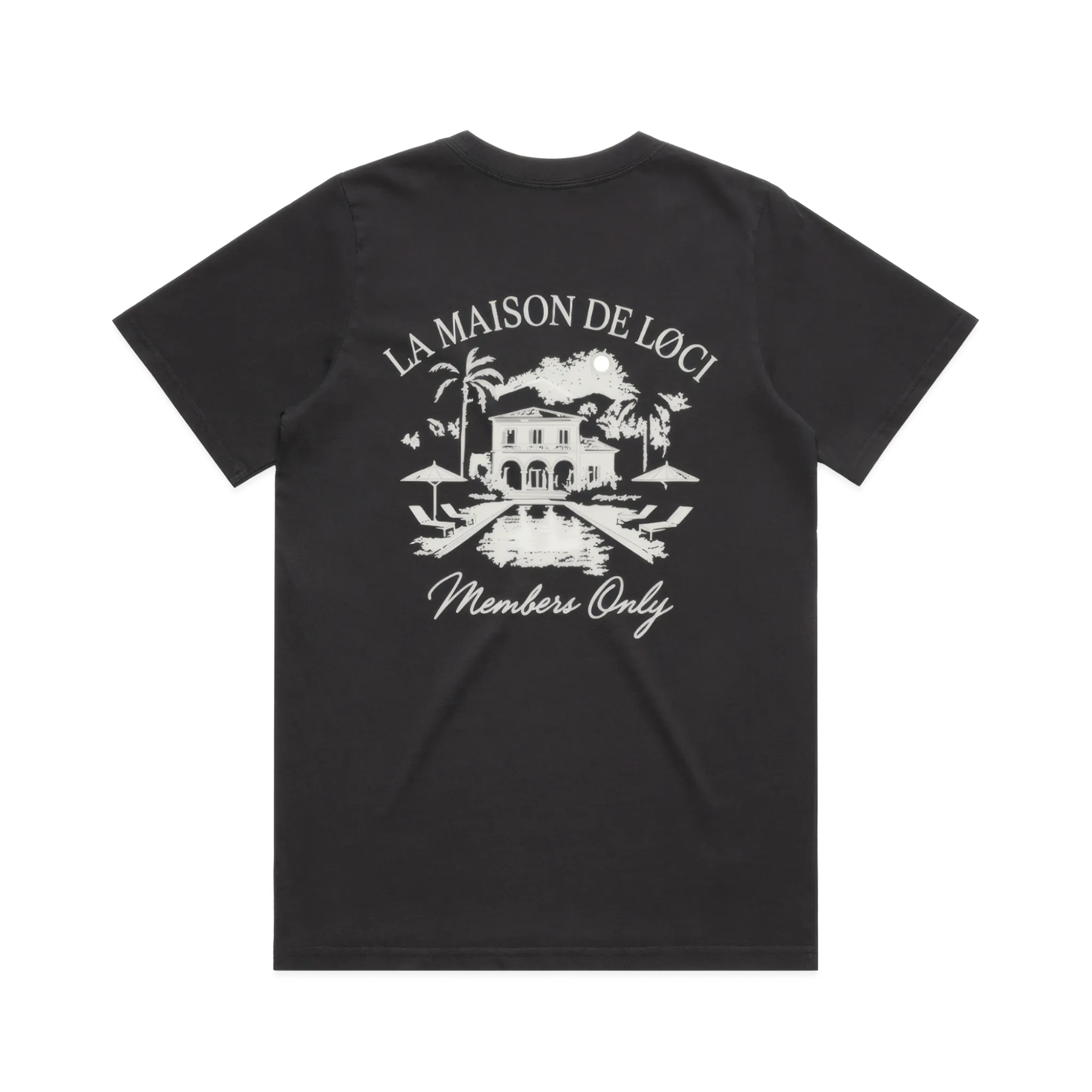 Black t-shirt with white graphic and text on a white background