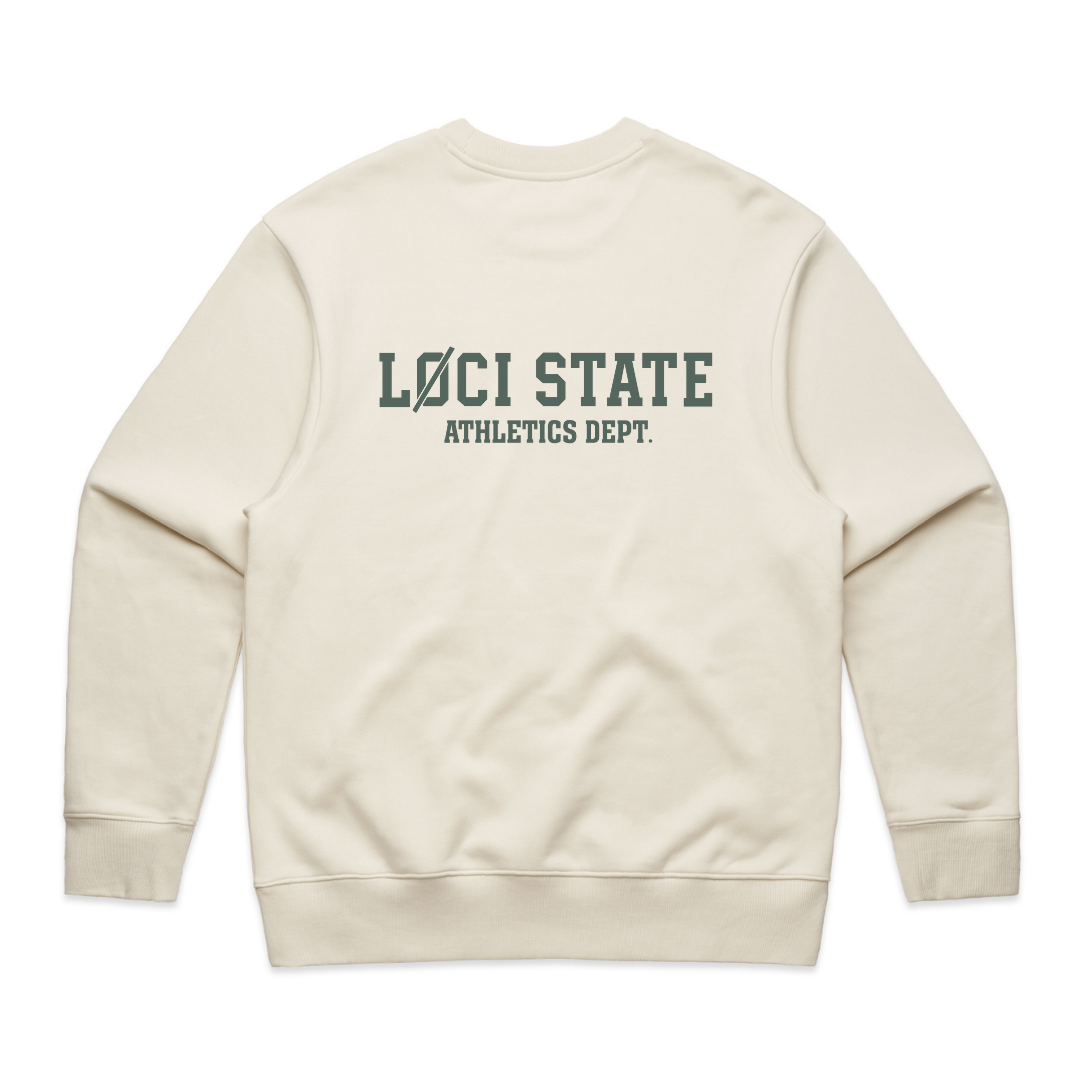 Beige sweatshirt with 'LOCI STATE ATHLETICS DEPT.' text on the back against a white background