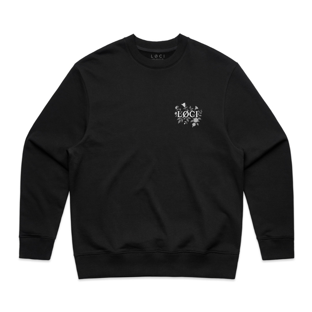 Black sweatshirt with a small logo on the chest against a white background