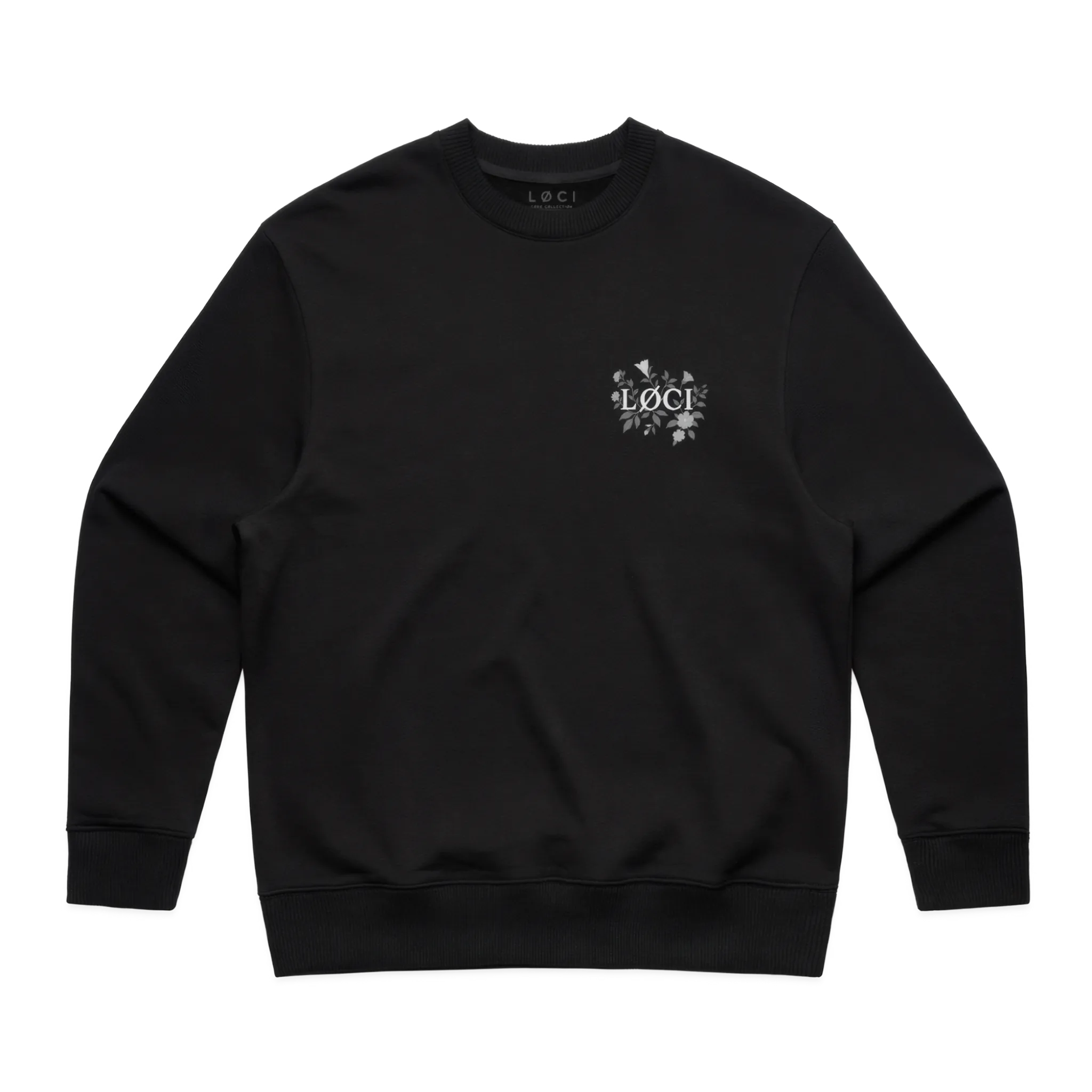 Black sweatshirt with a small logo on the chest against a white background