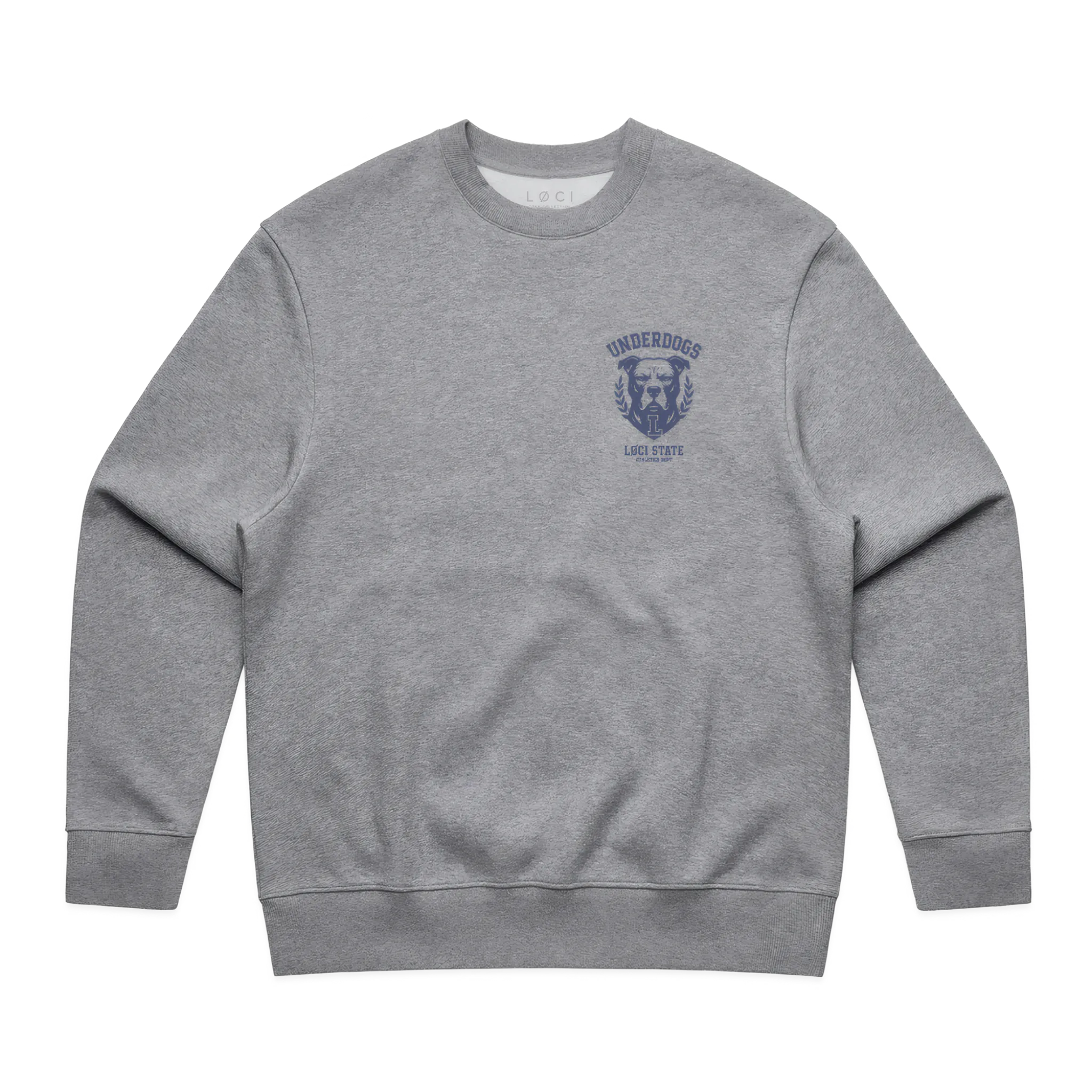 Gray sweatshirt with a logo on the chest against a white background