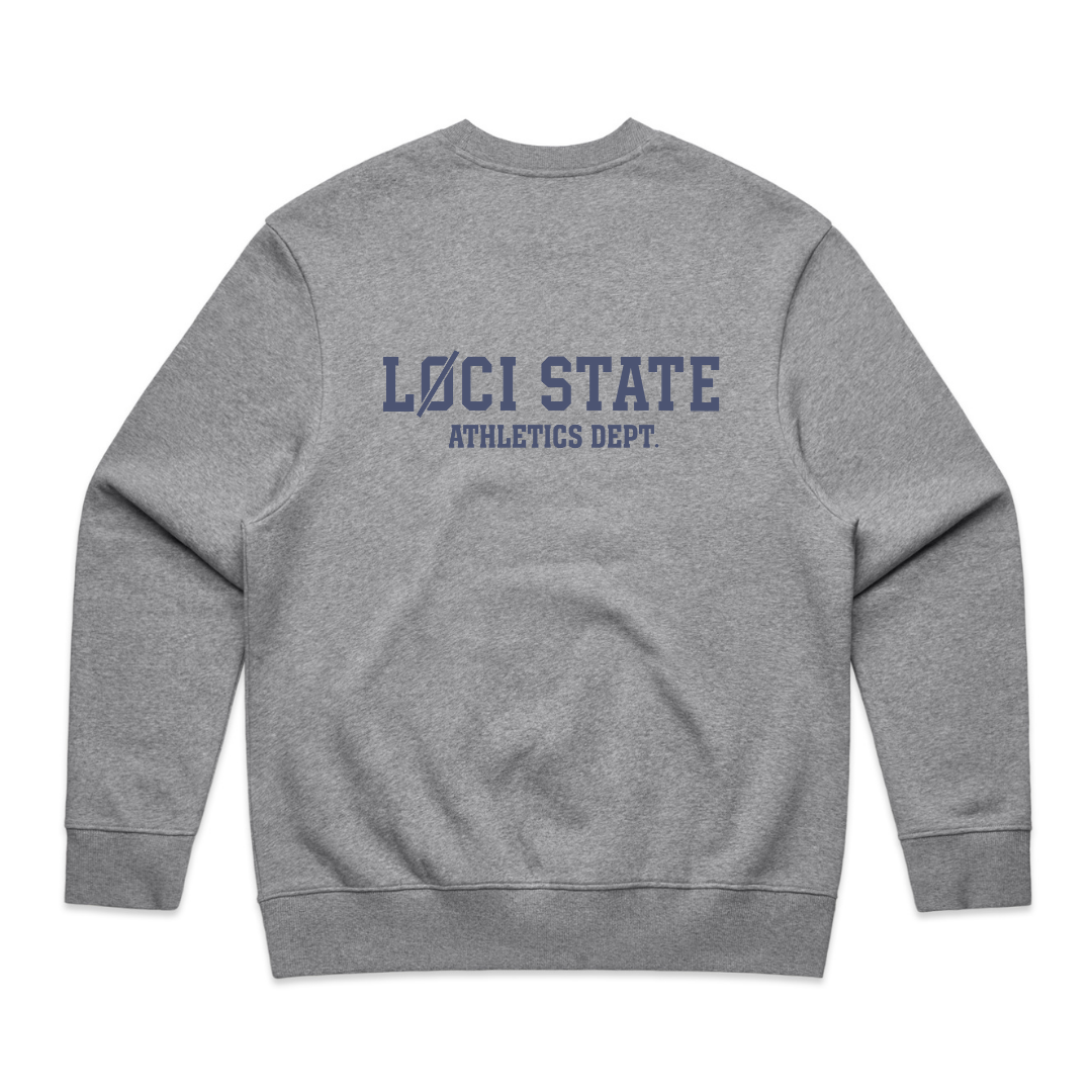 Gray sweatshirt with 'LOCI STATE ATHLETICS DEPT.' text on the back against a white background