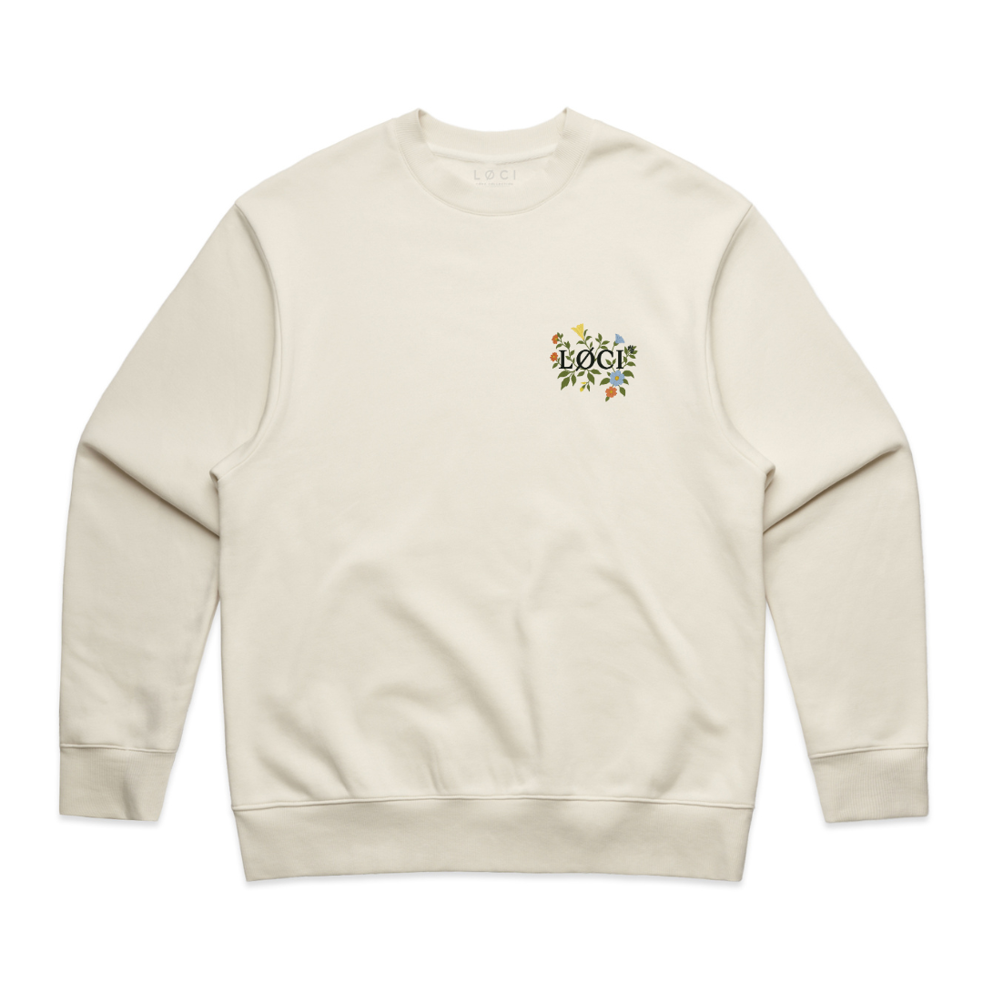 Beige sweatshirt with a floral 'LOVE' design on a white background