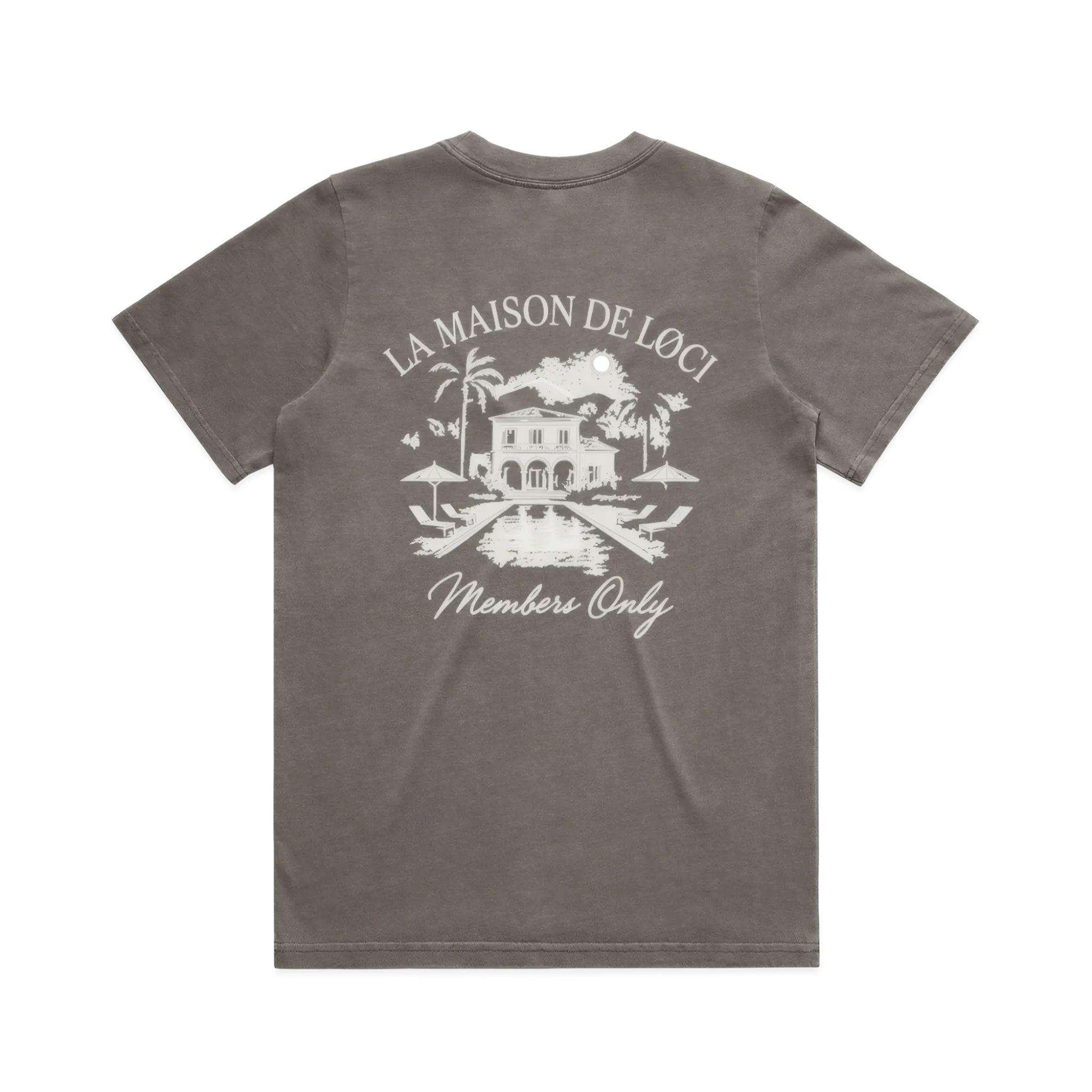 Gray t-shirt with white graphic and text on a white background