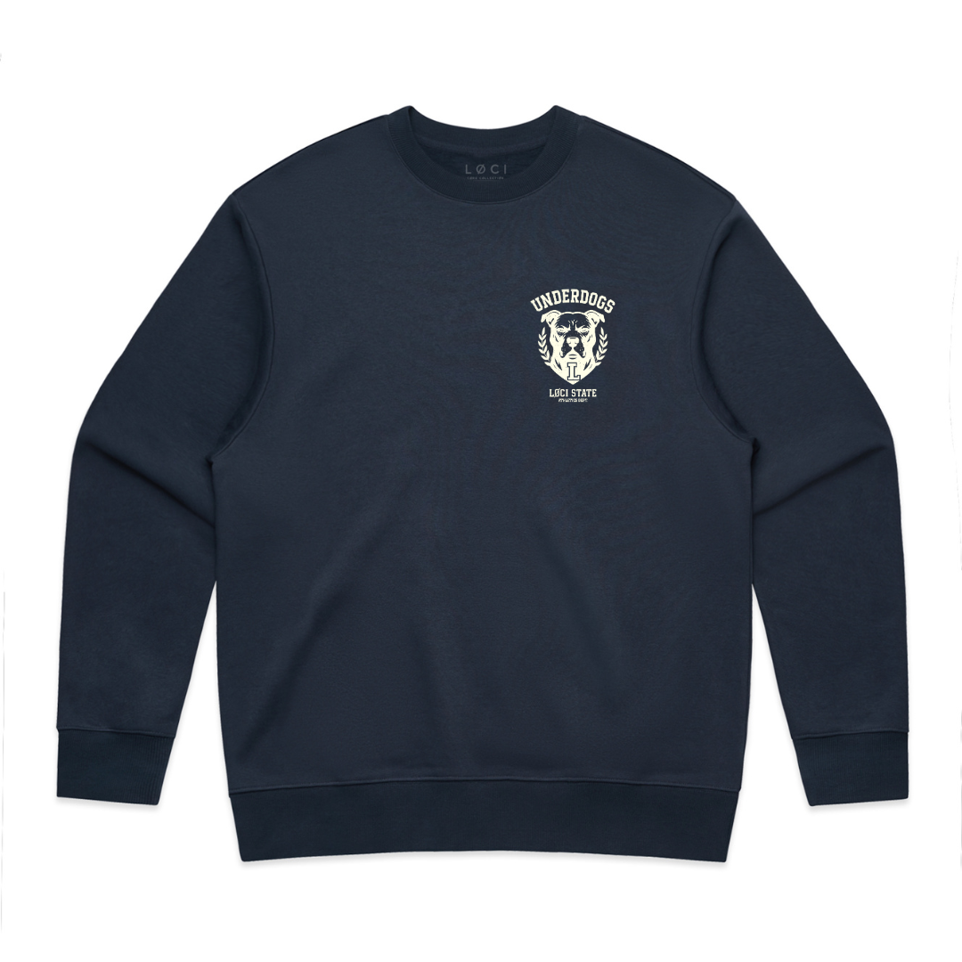 Navy blue sweatshirt with a logo on the chest against a white background