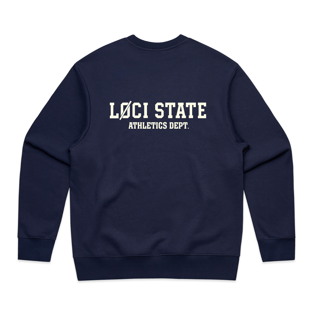 Navy blue sweatshirt with 'LOCI STATE ATHLETICS DEPT.' text on a white background