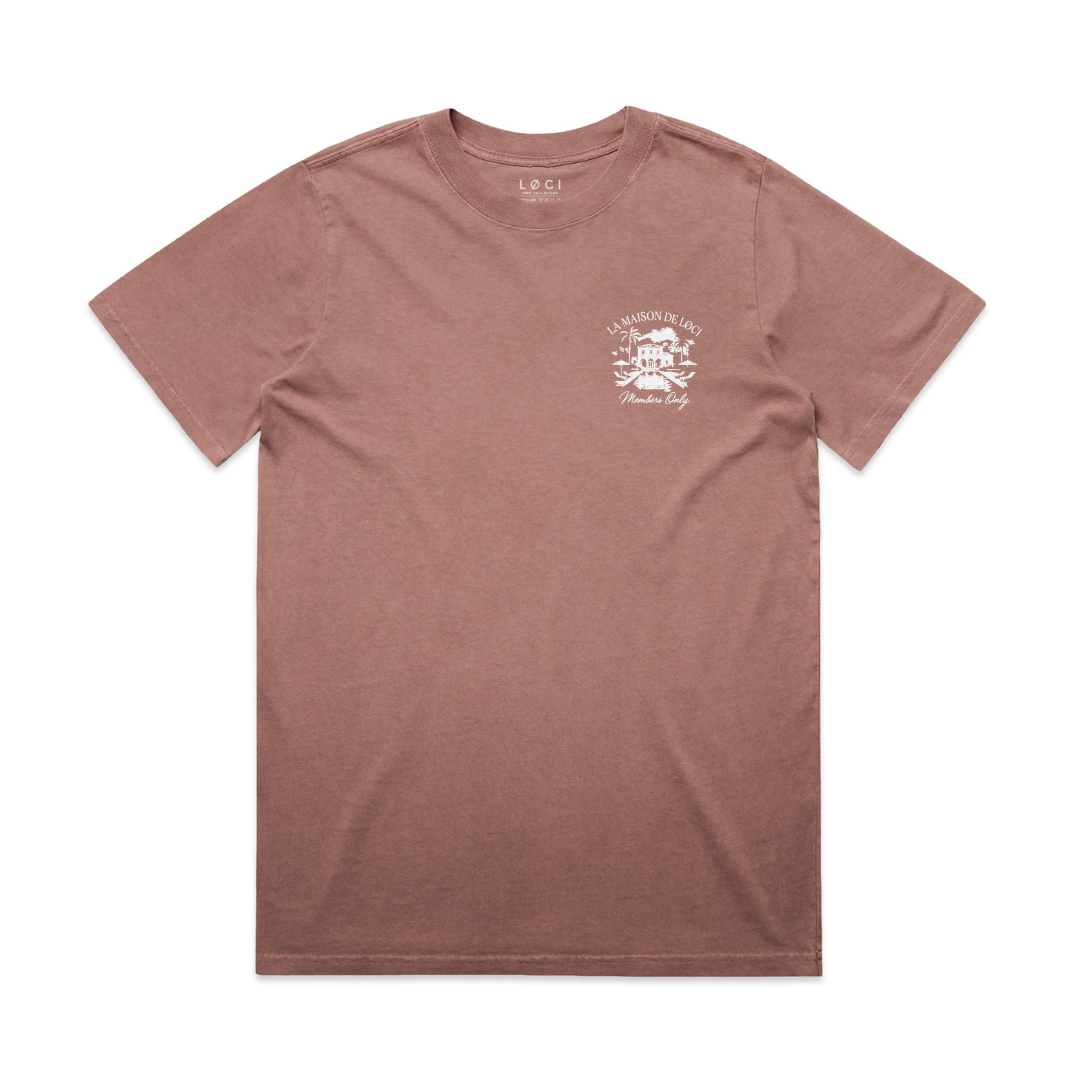 Brown t-shirt with a logo on the chest against a white background