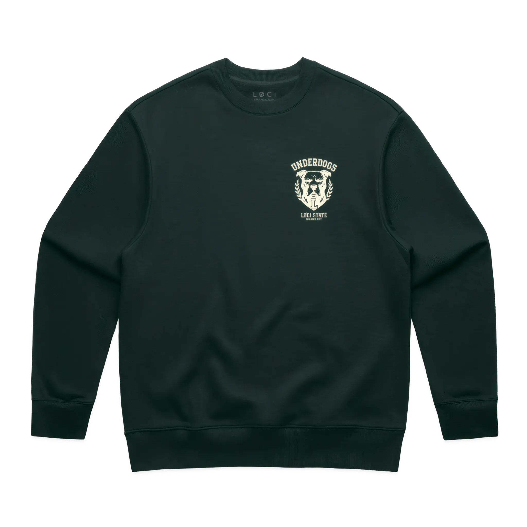 Dark green sweatshirt with a logo on the chest against a white background