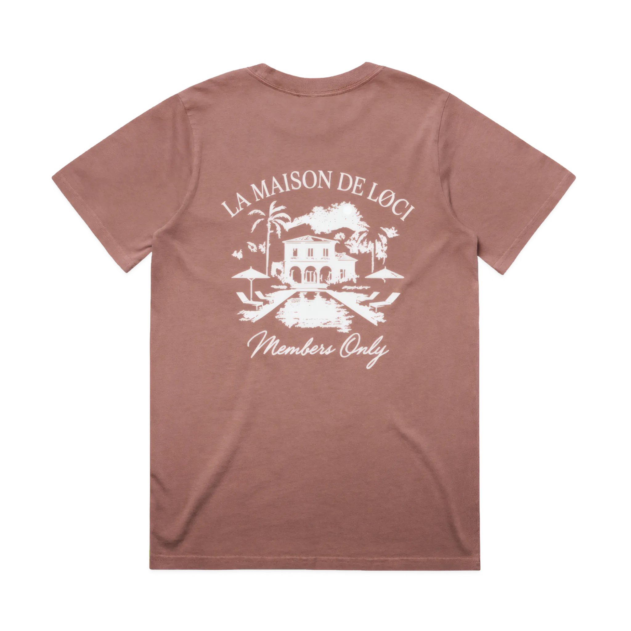 Brown t-shirt with white graphic and text on a white background