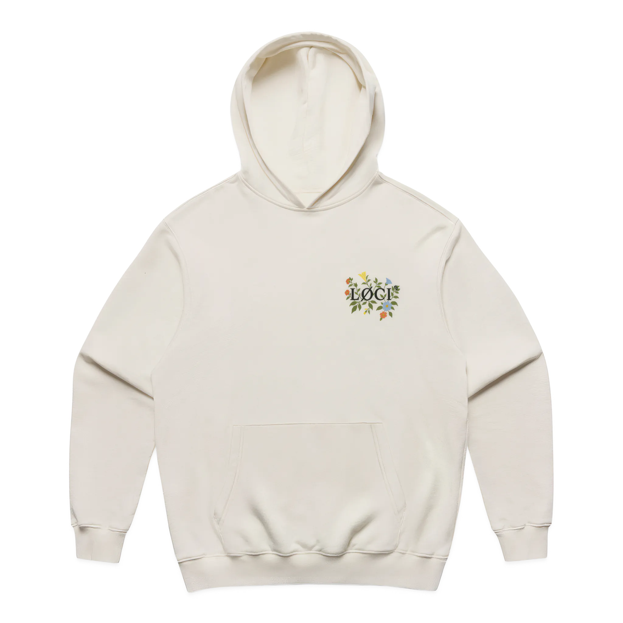 Beige hoodie with a small logo on the chest against a white background