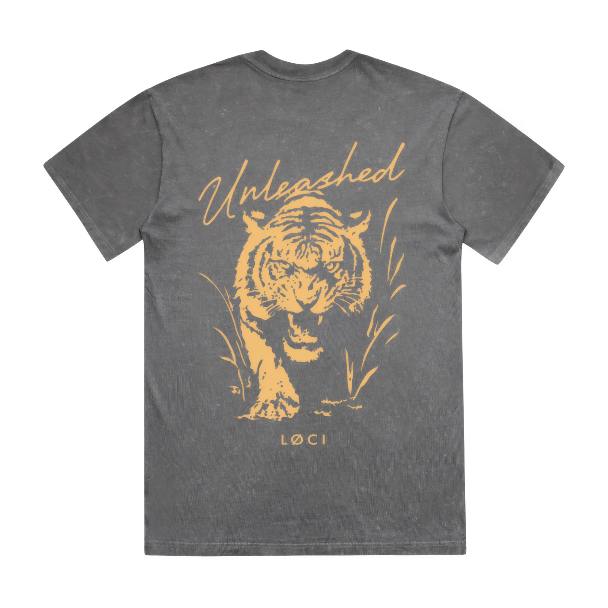 Gray t-shirt with a tiger graphic and 'Unleashed' text on a white background