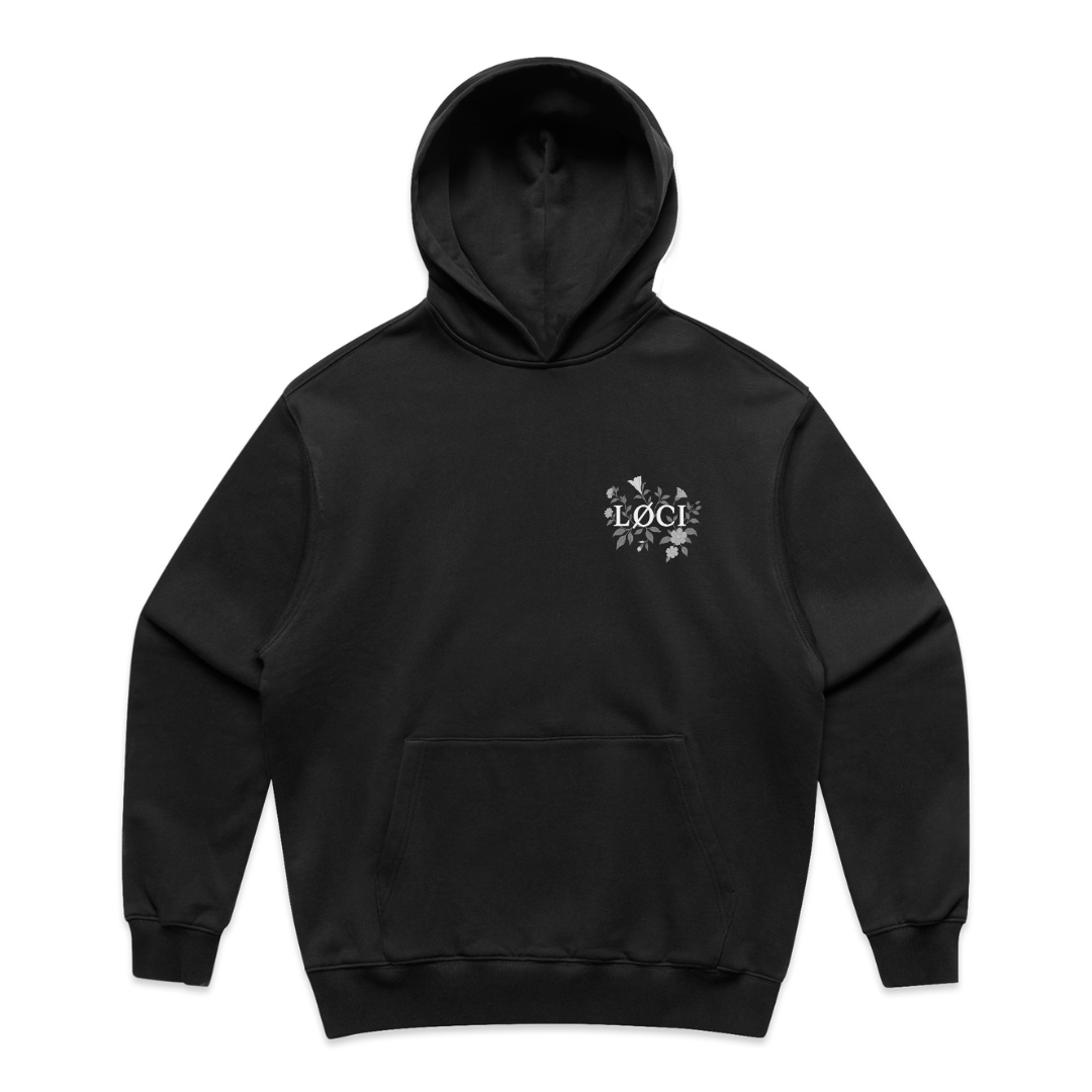 Black hoodie with a logo on the chest against a white background