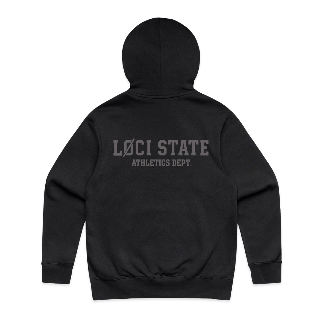 Black hoodie with 'LACI STATE ATHLETICS DEPT.' text on the back against a white background
