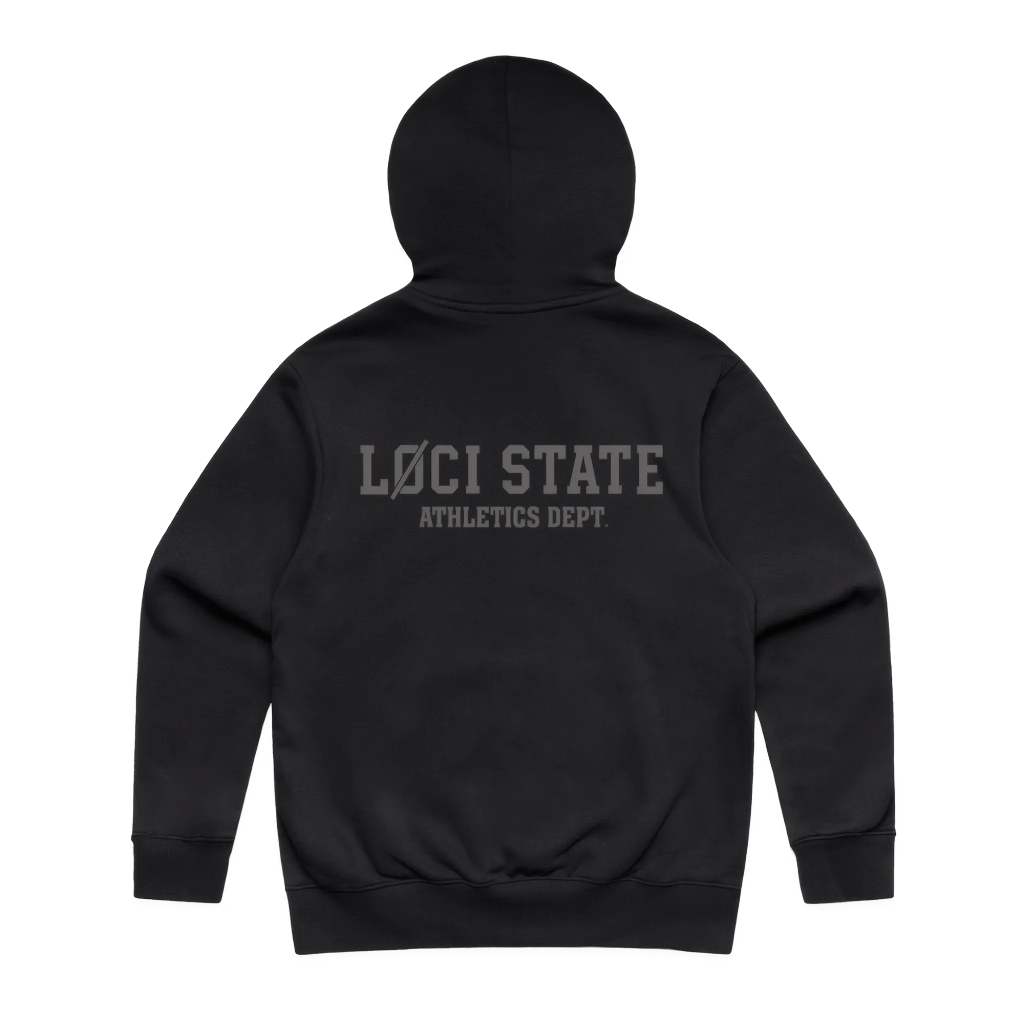 Black hoodie with 'LACI STATE ATHLETICS DEPT.' text on the back against a white background