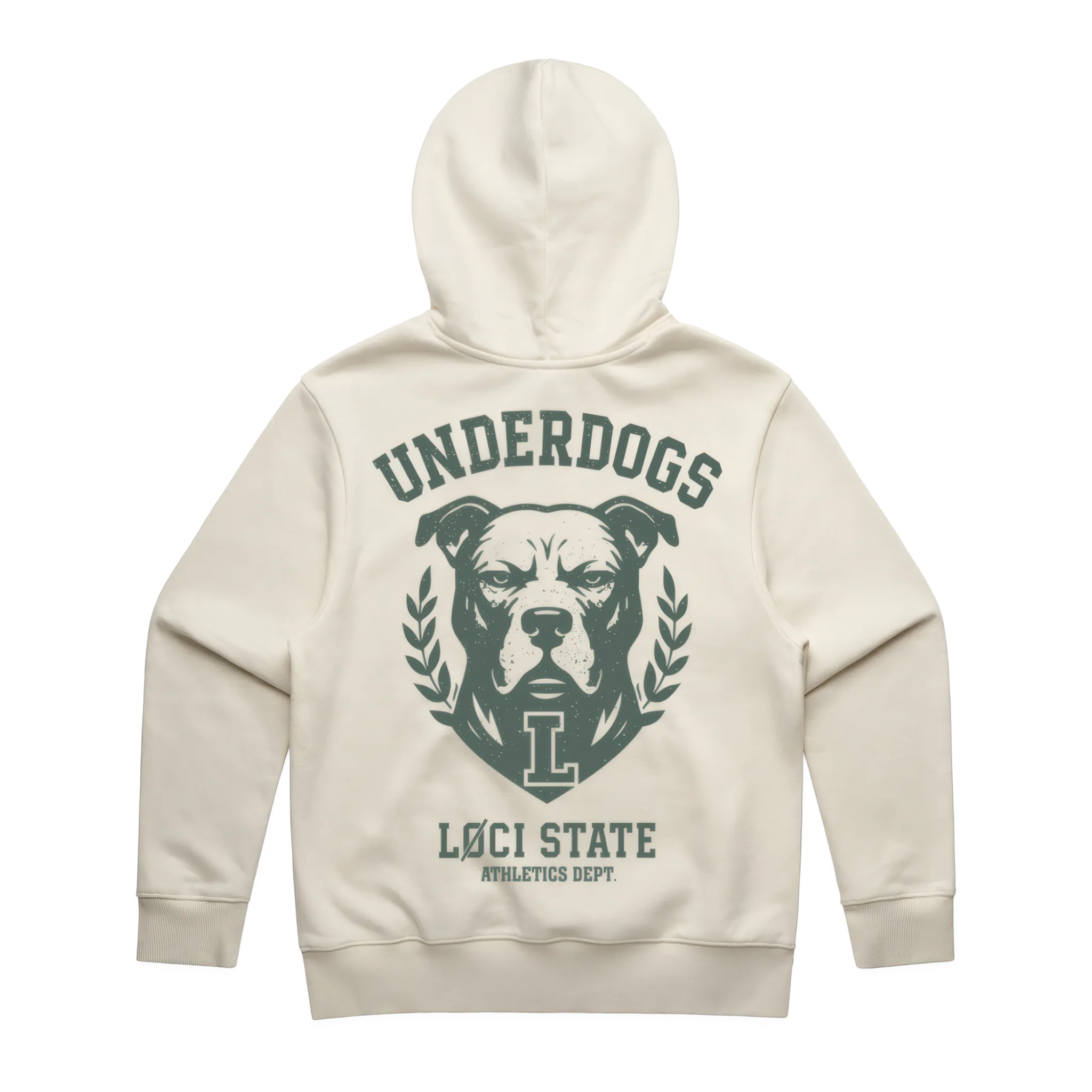 Beige hoodie with a graphic of a dog and text on the back, on a white background