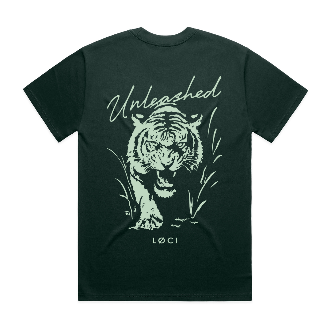Black t-shirt with a white tiger graphic and 'Unleashed' text on a white background