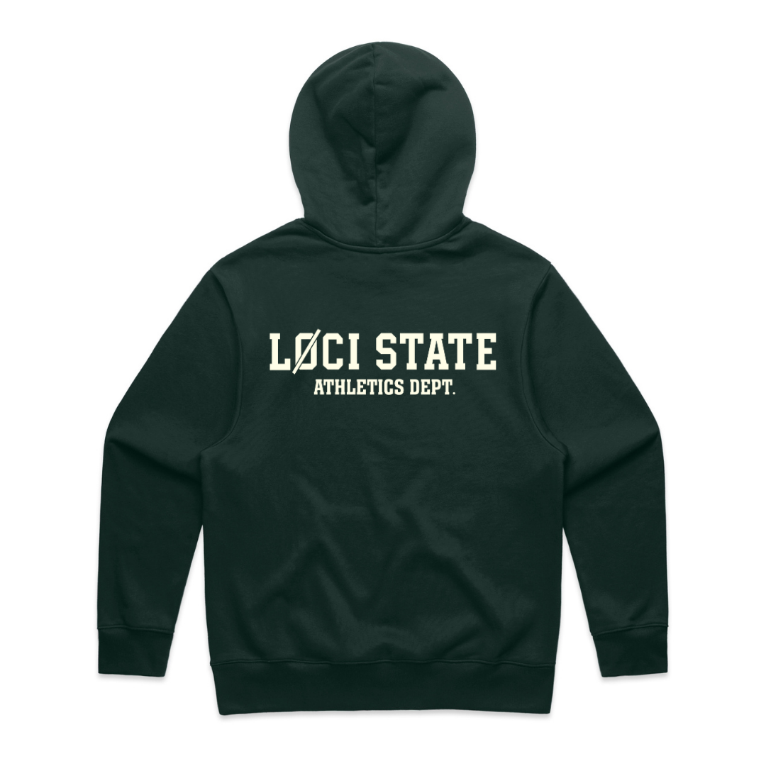 Dark green hoodie with 'LOCI STATE ATHLETICS DEPT.' text on the back against a white background