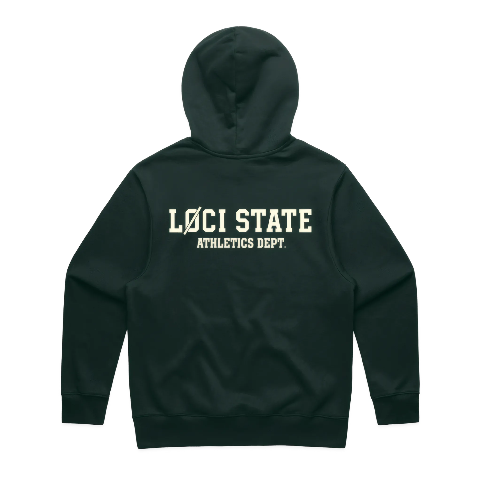 Dark green hoodie with 'LOCI STATE ATHLETICS DEPT.' text on the back against a white background
