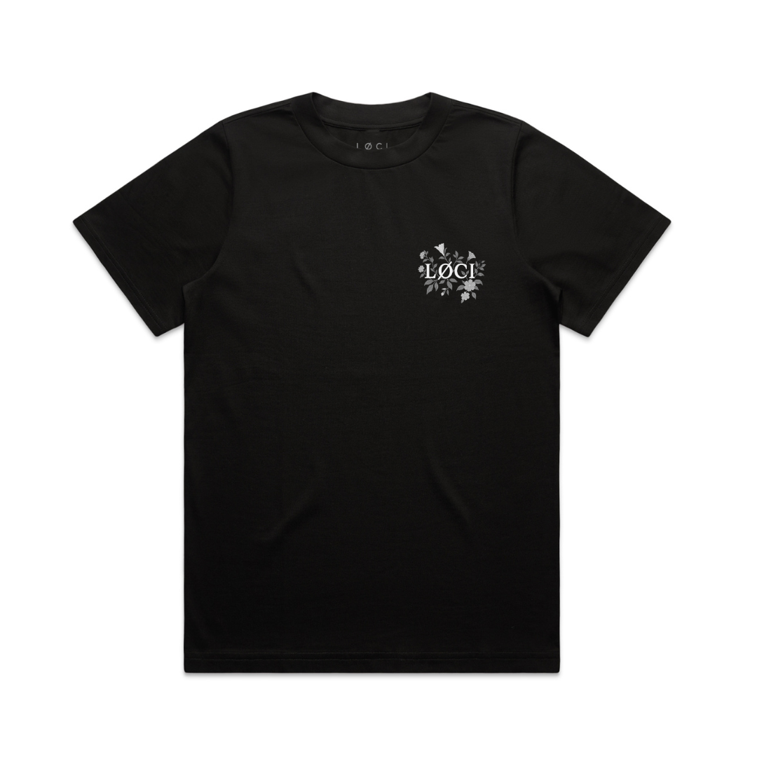 Black t-shirt with a small white logo on the chest against a white background