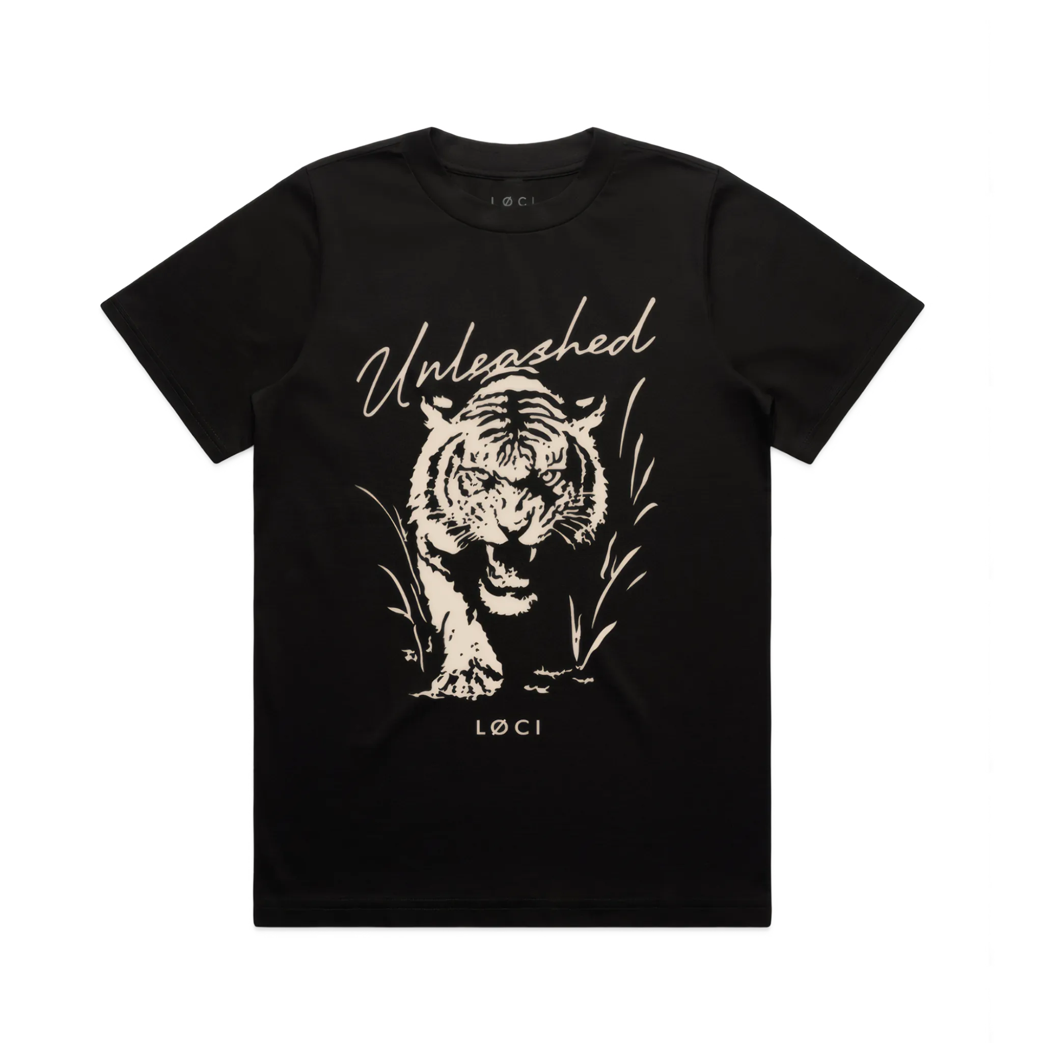 Black t-shirt with a tiger graphic and 'Unleashed' text on a white background