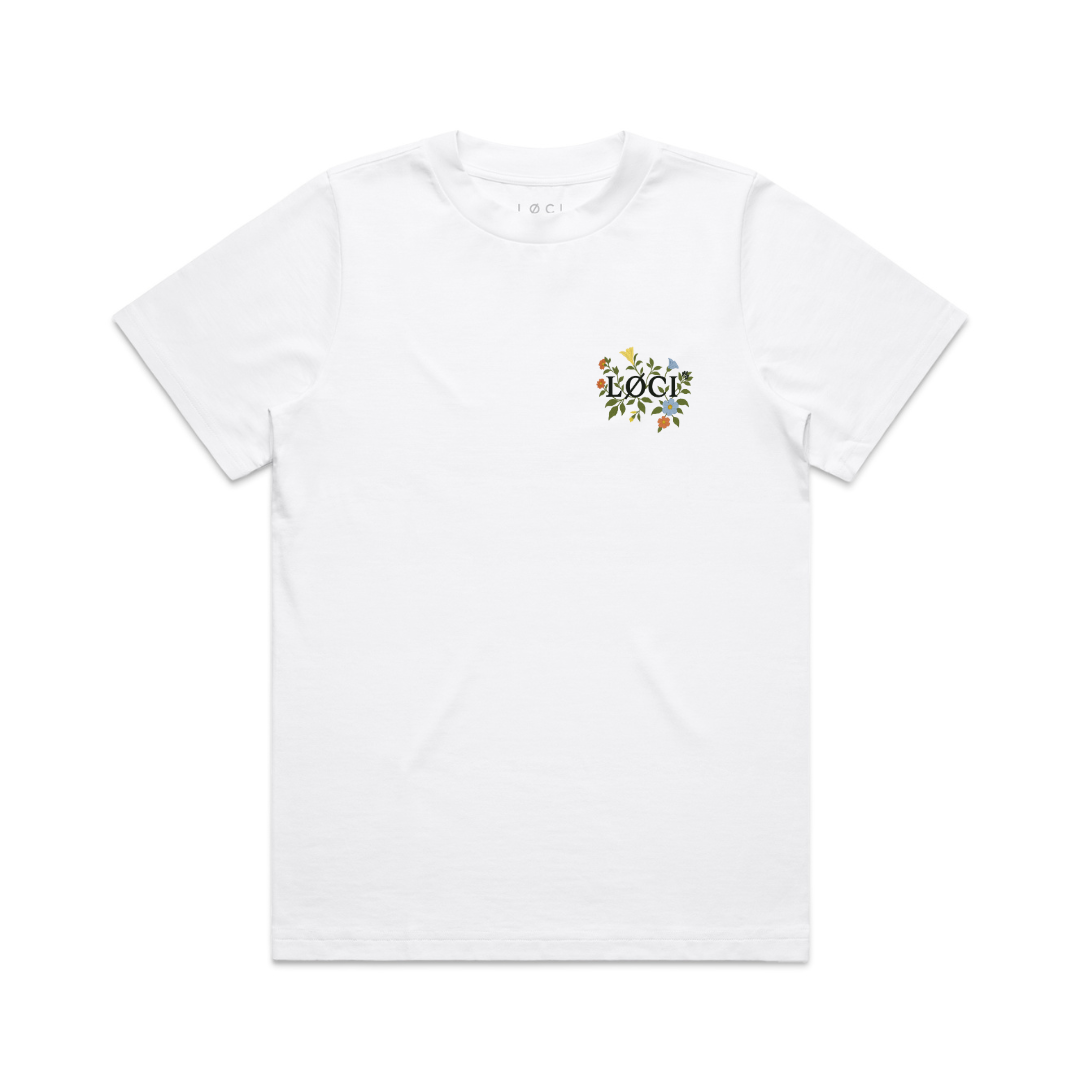 White t-shirt with a colorful logo on a white background