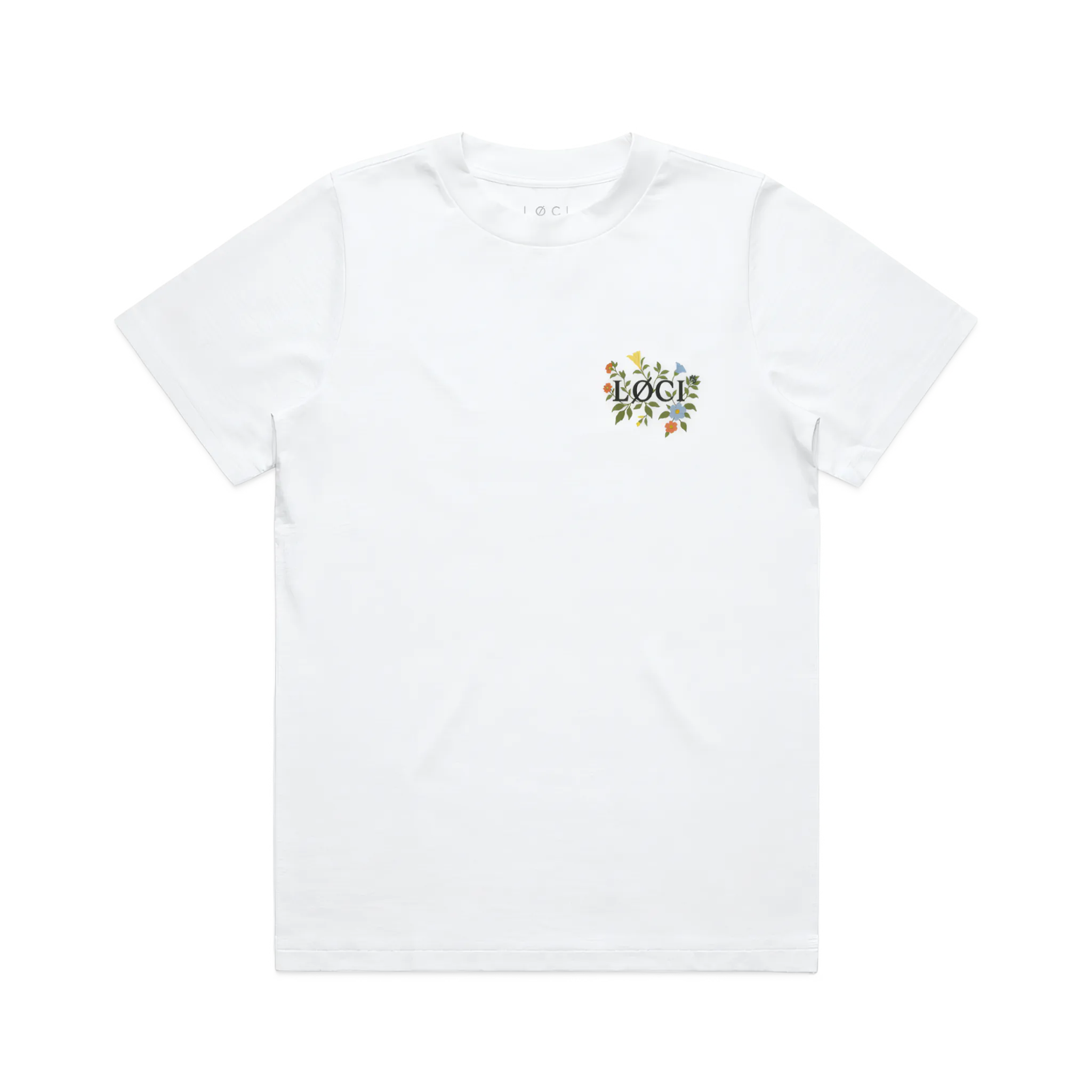 White t-shirt with a colorful logo on a white background