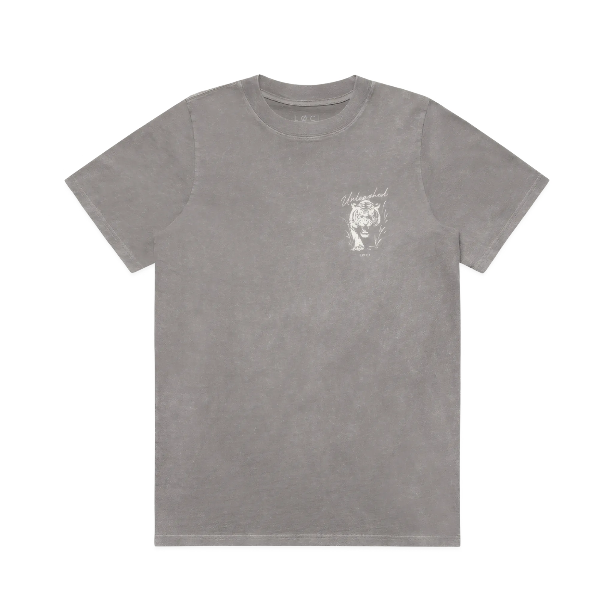 Gray t-shirt with a small white graphic on a white background