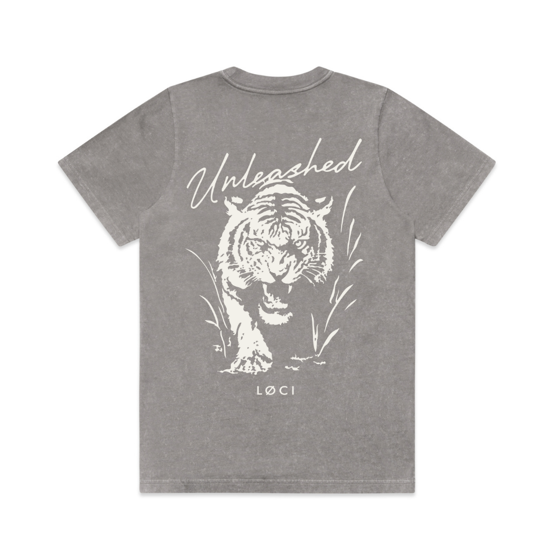 Gray t-shirt with a white tiger graphic and 'Unleashed' text on a white background