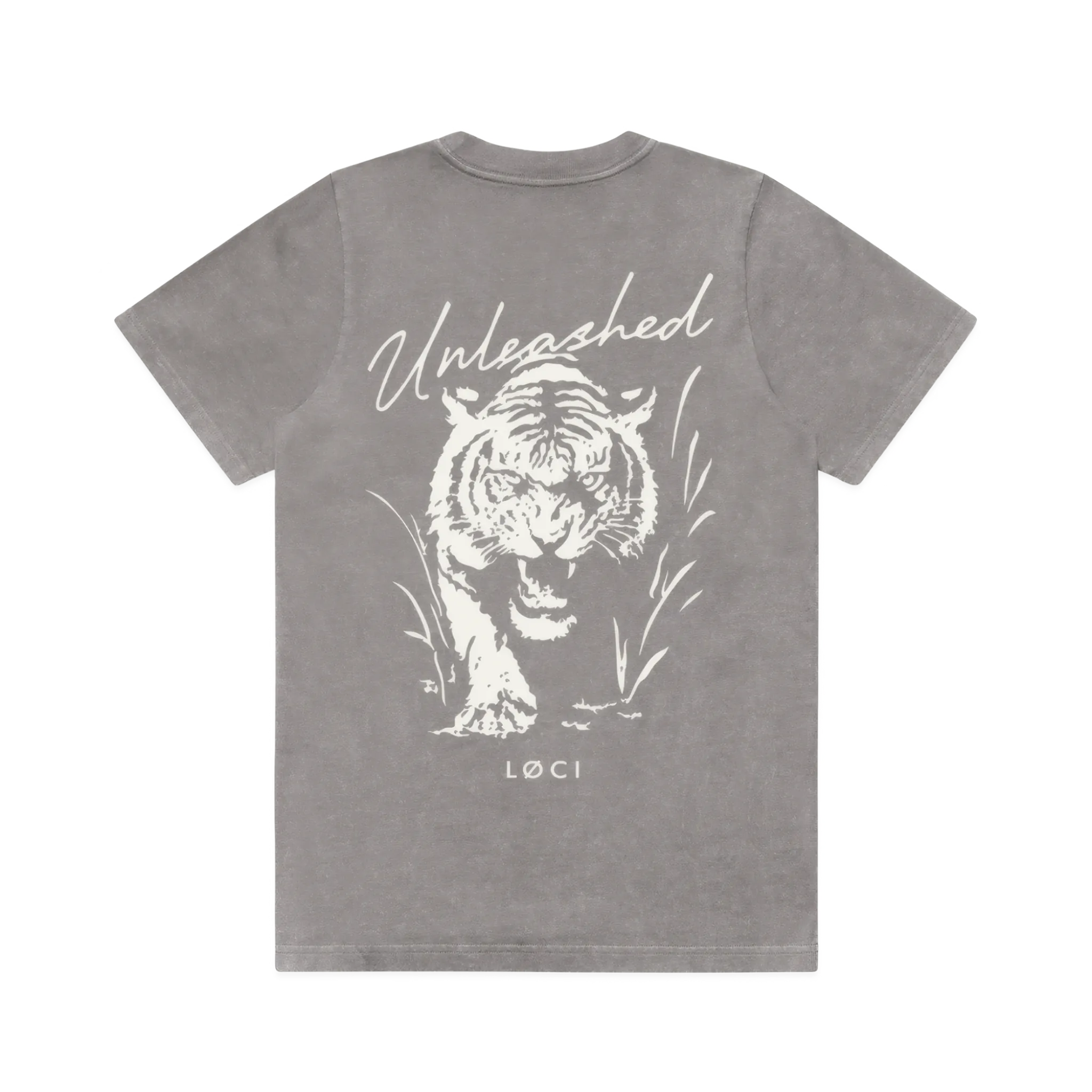 Gray t-shirt with a white tiger graphic and 'Unleashed' text on a white background