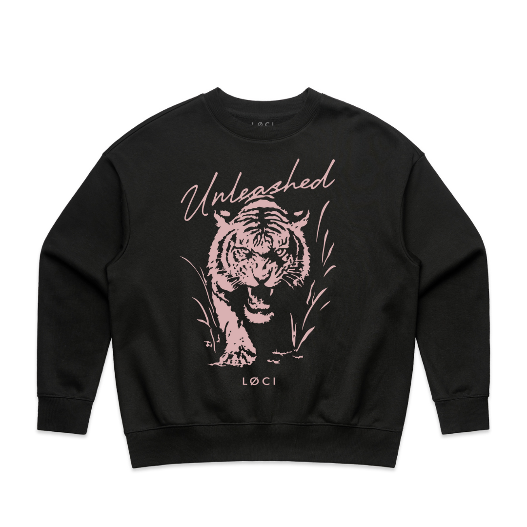 Black sweatshirt with a tiger graphic and 'Unleashed' text on a white background