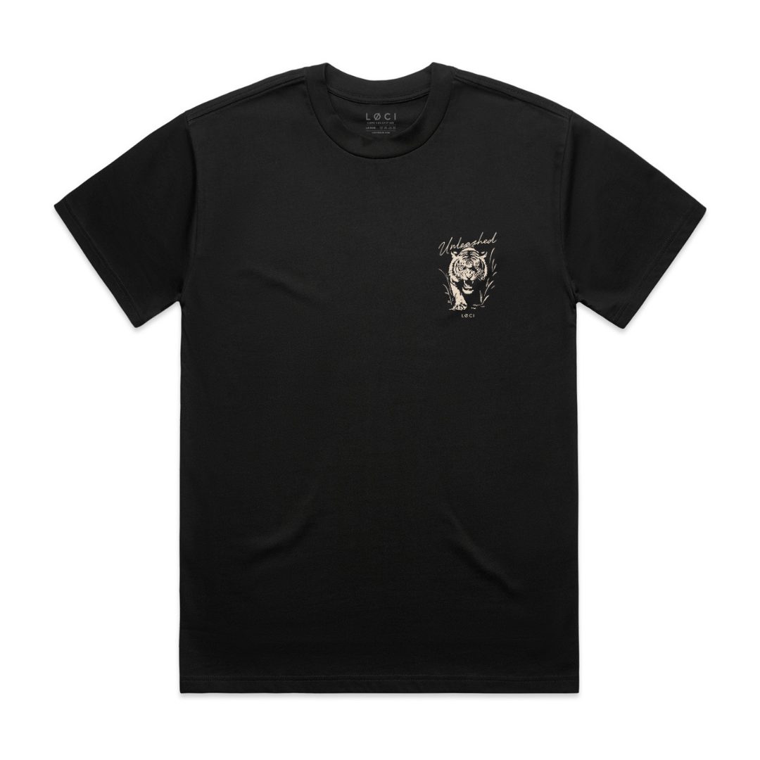 Black t-shirt with a white graphic design on a white background
