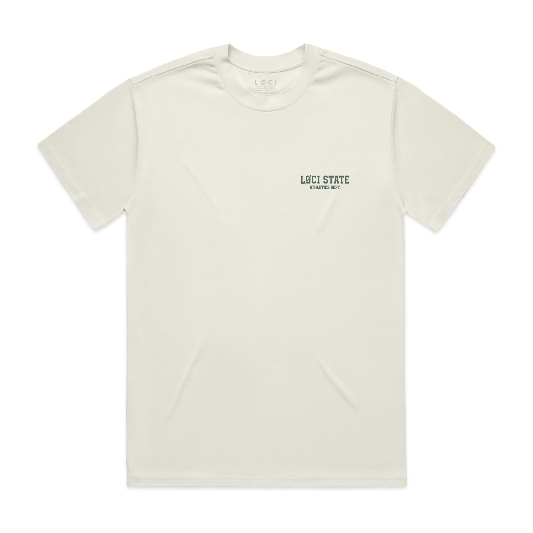 Beige t-shirt with 'LOCI STATE' text on a white background