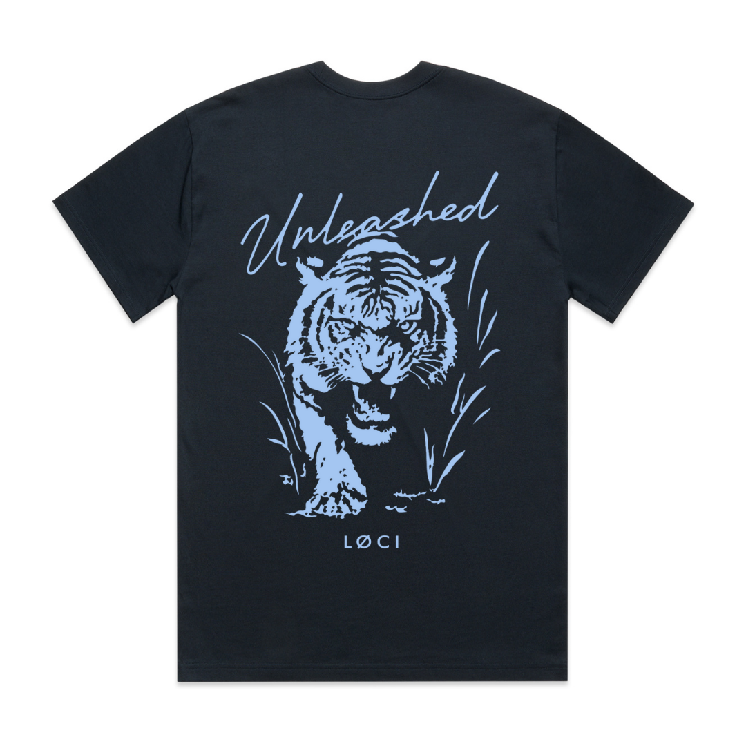 Black t-shirt with a white tiger graphic and 'Unleashed' text on a white background