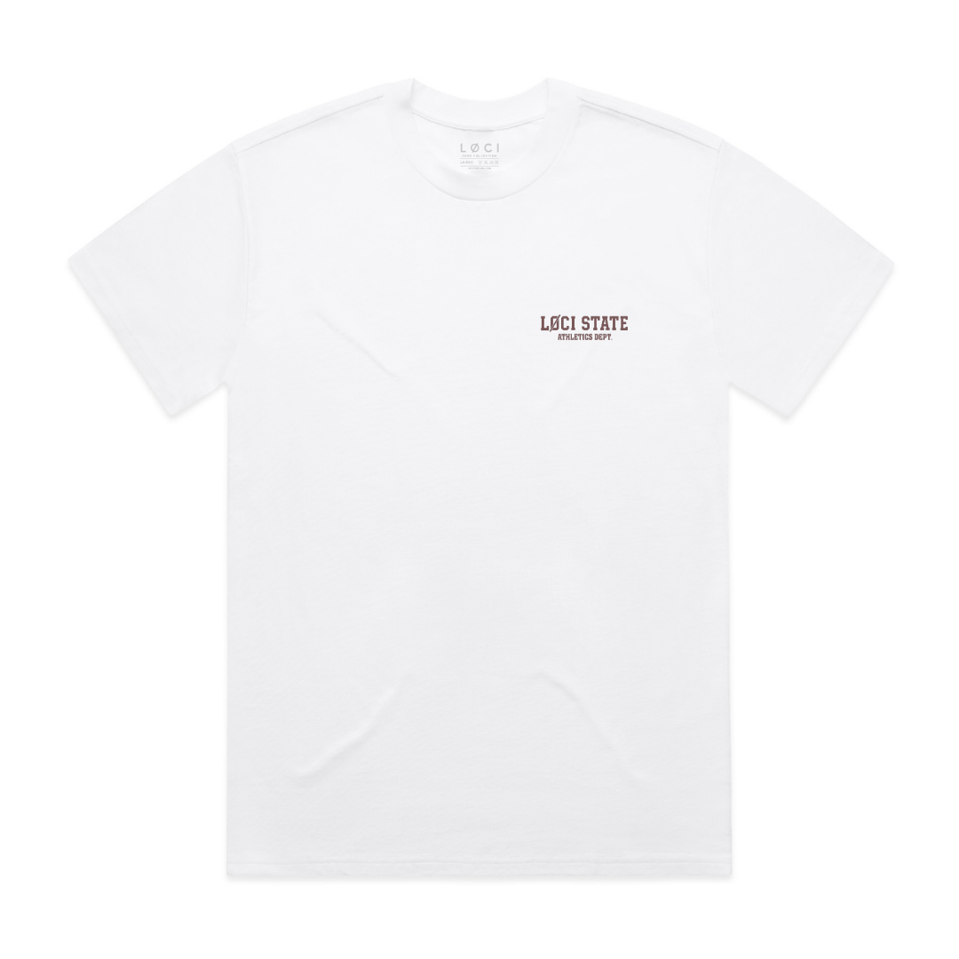 White t-shirt with 'LOCI STATE' logo on a white background